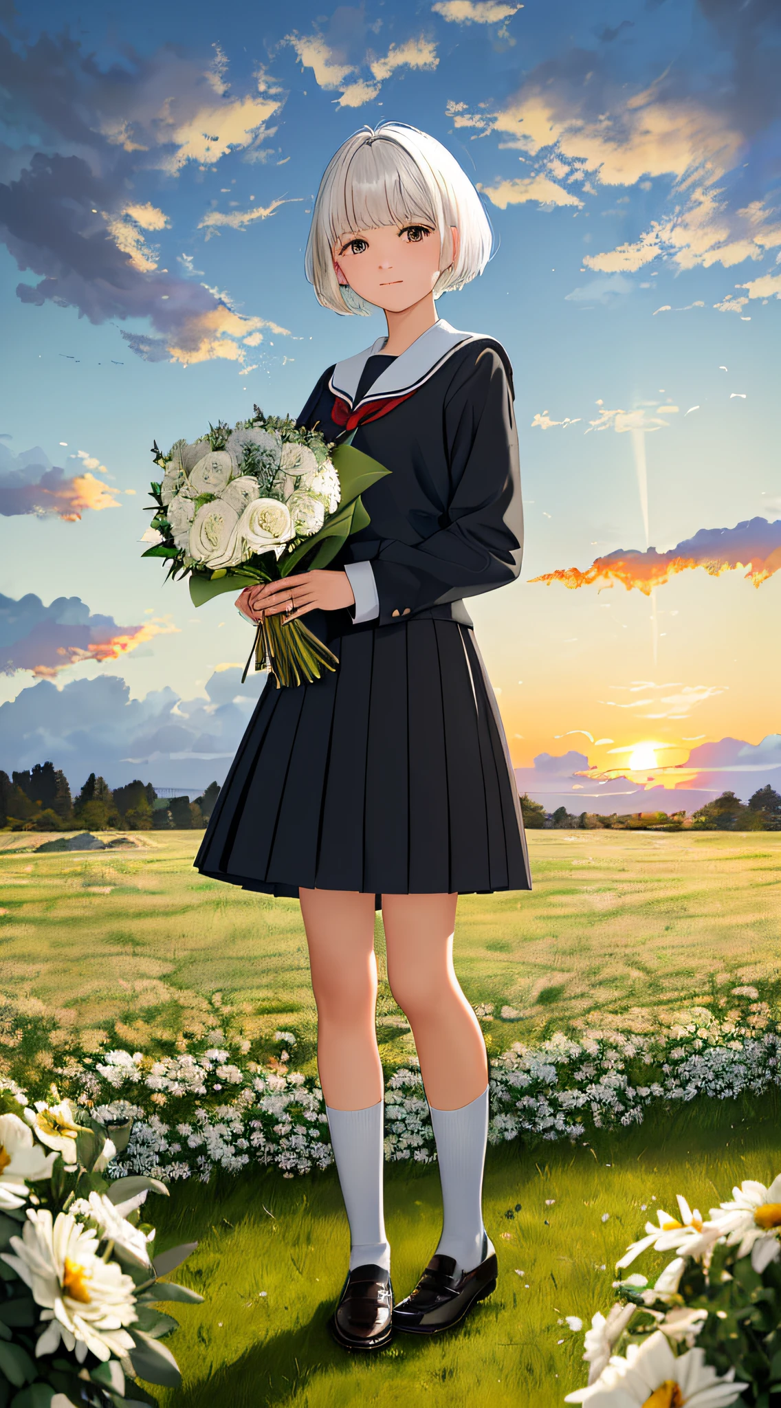 ((masterpiece,best quality,ultra detailed)),(painterly),(facing viewer),((dusk)),Depth of Field,pov,tussock,overgrown,cloud sky,(dark sky),((backlighting)),(wind),1girl,looking at viewer,full body,(holding bouquet),(school uniform),(white hair),(black eyes),(medium hair),(bowl cut),light smile,HDR,high contrast