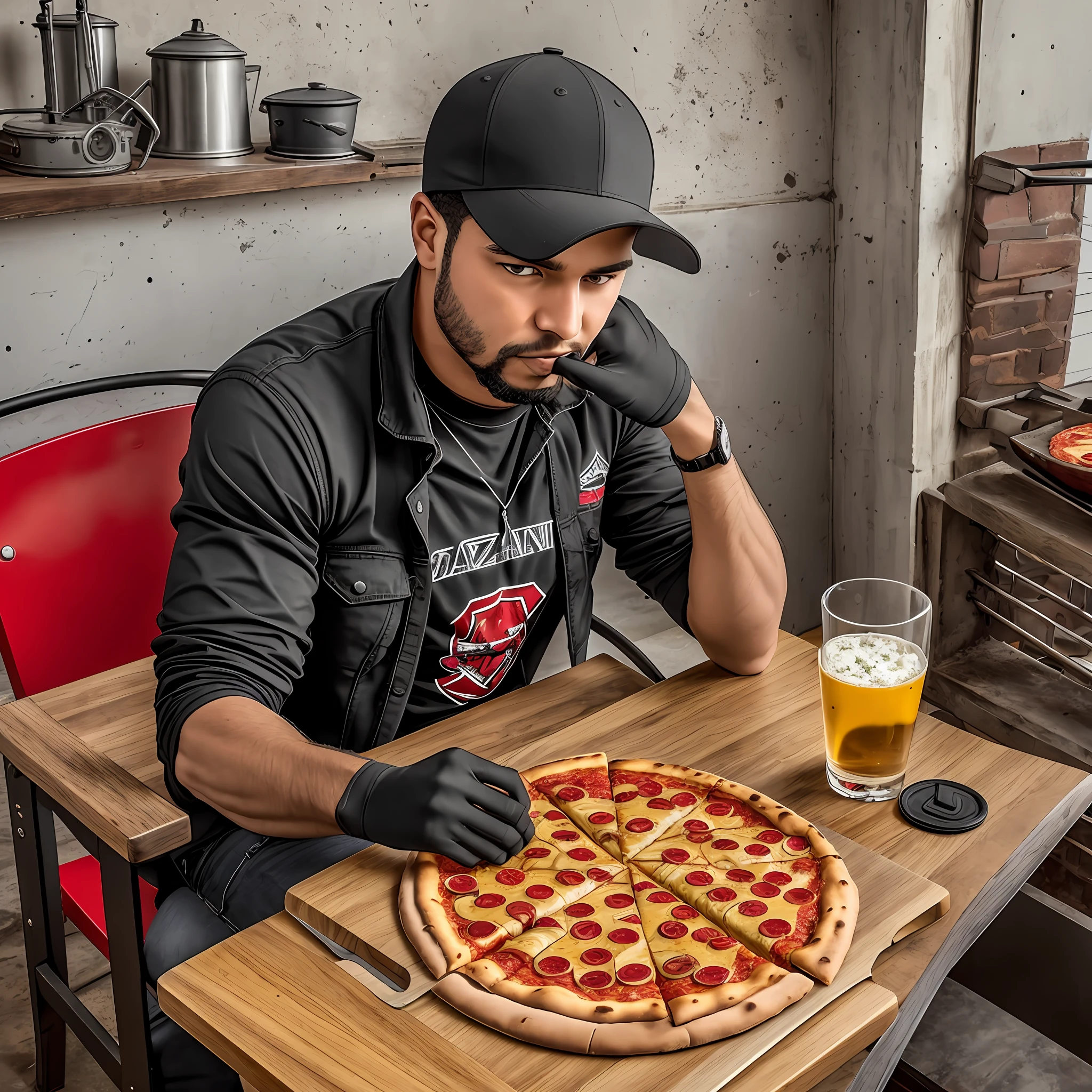 Black eating pizza next to a red war tank --auto --s2