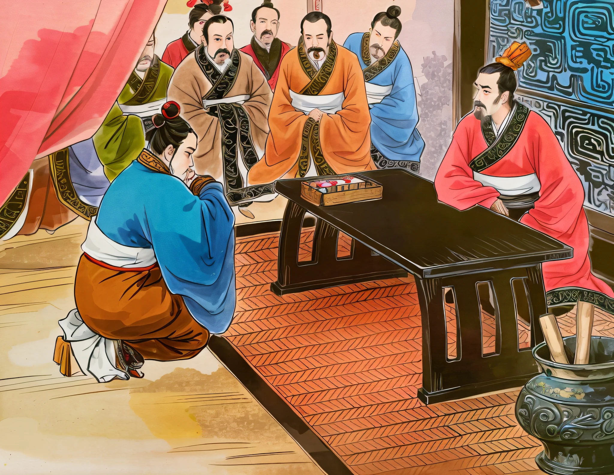 painting of a group of people sitting around a table with a laptop, confucius and jury trial, by Xuande Emperor, robed figures sat around a table, chinese three kingdoms, traditional chinese painting, wearing ancient chinese clothes, hystorical painting, old chines painting, ancient china art style, traditional painting, tea ceremony scene, inspired by Xuande Emperor --auto --s2