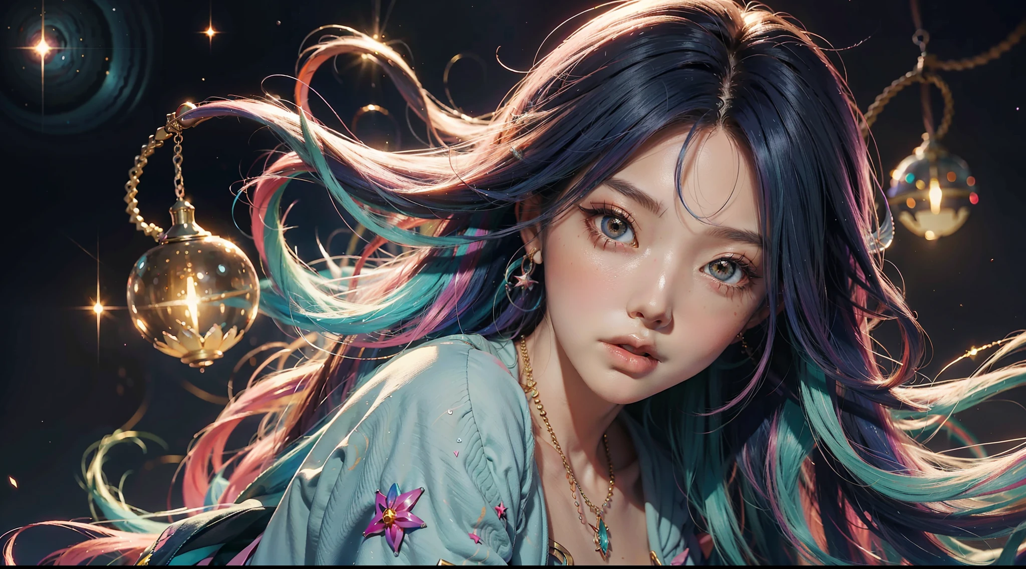 The most close-up of a woman with colorful hair and necklace, anime girl with cosmic hair, Rossdraws soft vitality, Guvez style artwork, fantasy art style, colorful]", vibrant fantasy style, Rossdraws cartoon full of vitality, cosmic and colorful, Guweiz, colorful digital fantasy art, stunning art style, beautiful anime style, full body illumination, skin brightening, sexy expression, best quality
