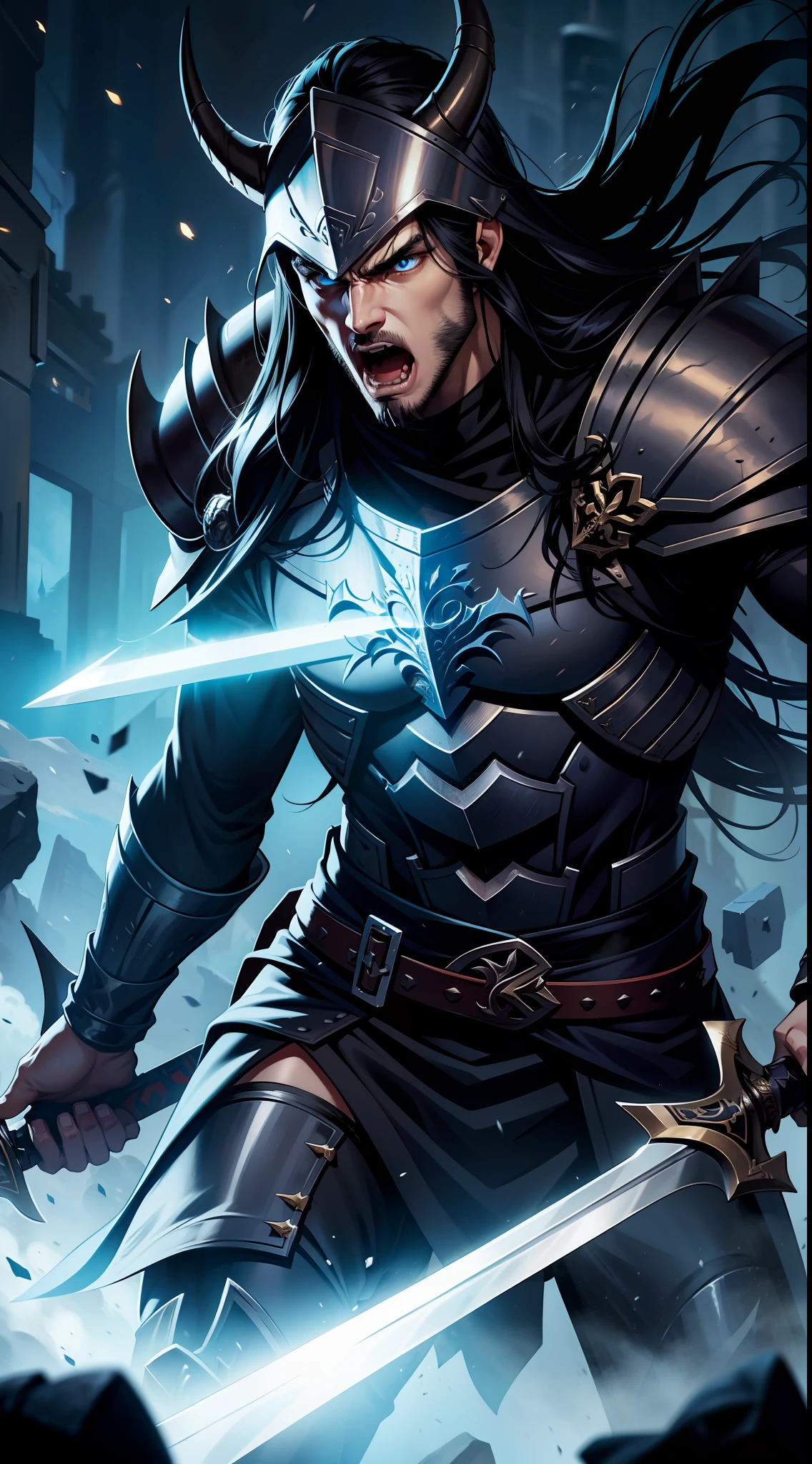 Tall guy, long black hair, blue eyes, berserker clothes, horned helmet, open chest, huge sword, fierce scream, masterpiece, high quality