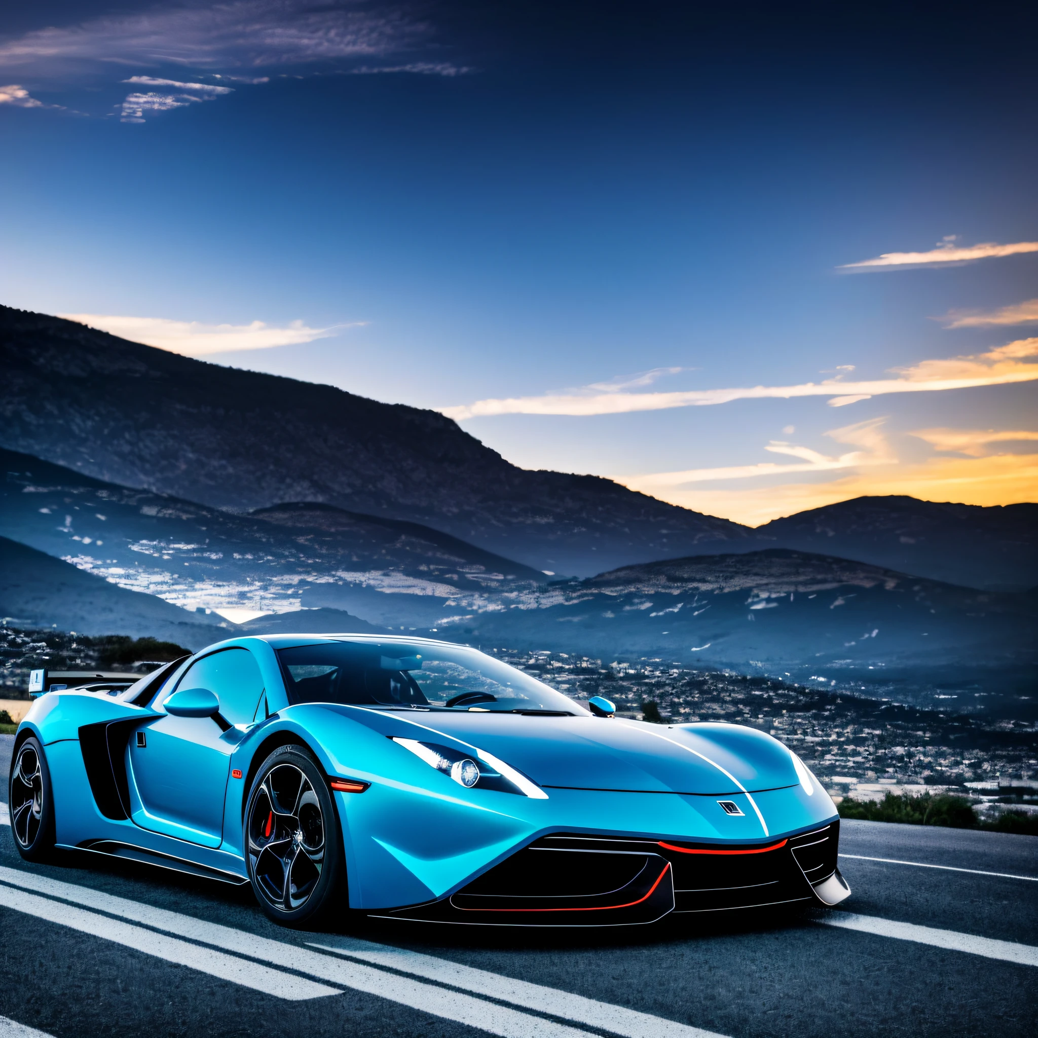 Lamburguini sports car of blue poison, running on a stone road, with futuristic style cityscape, with reflection on the car glass, night landscape background and lights shining on the car, ultra realistic image, detailed image, 12k image, ultra resolution, vivid colors, real image, 3d rendering, ray tracing, cinematic lighting, Realism, Expressionism, UHD,  8k, 16k, super detail, high detail, high quality