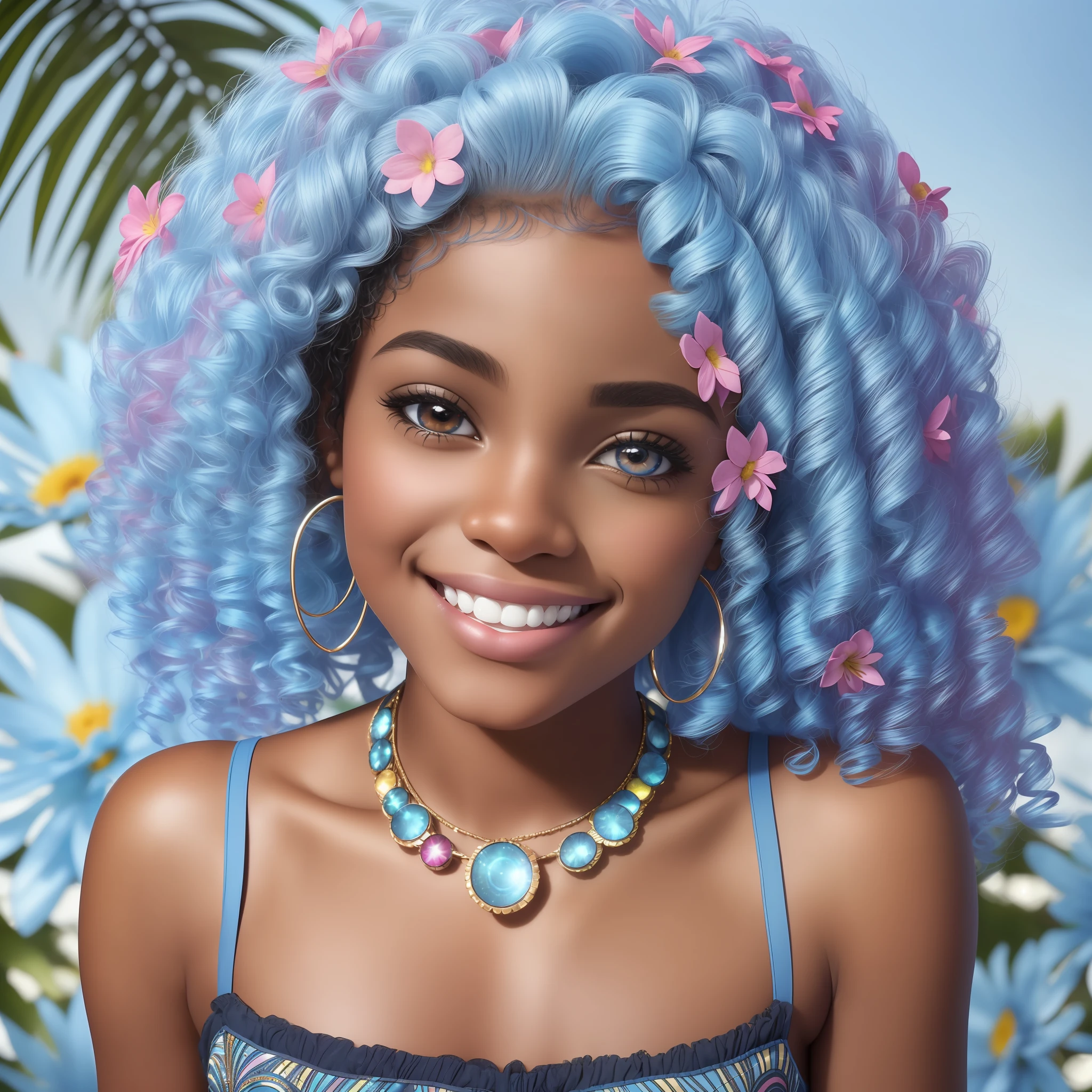 (a smiling beautiful 18 age years old ebony woman:1.2), ID photo, facing camera, smiling, (Pretty latino girl, african mixed), (Pretty latino girl, african mixed), (sparkling heterochromia eyes:1.2), (light blue hair:1.4), flowers background --auto --s2