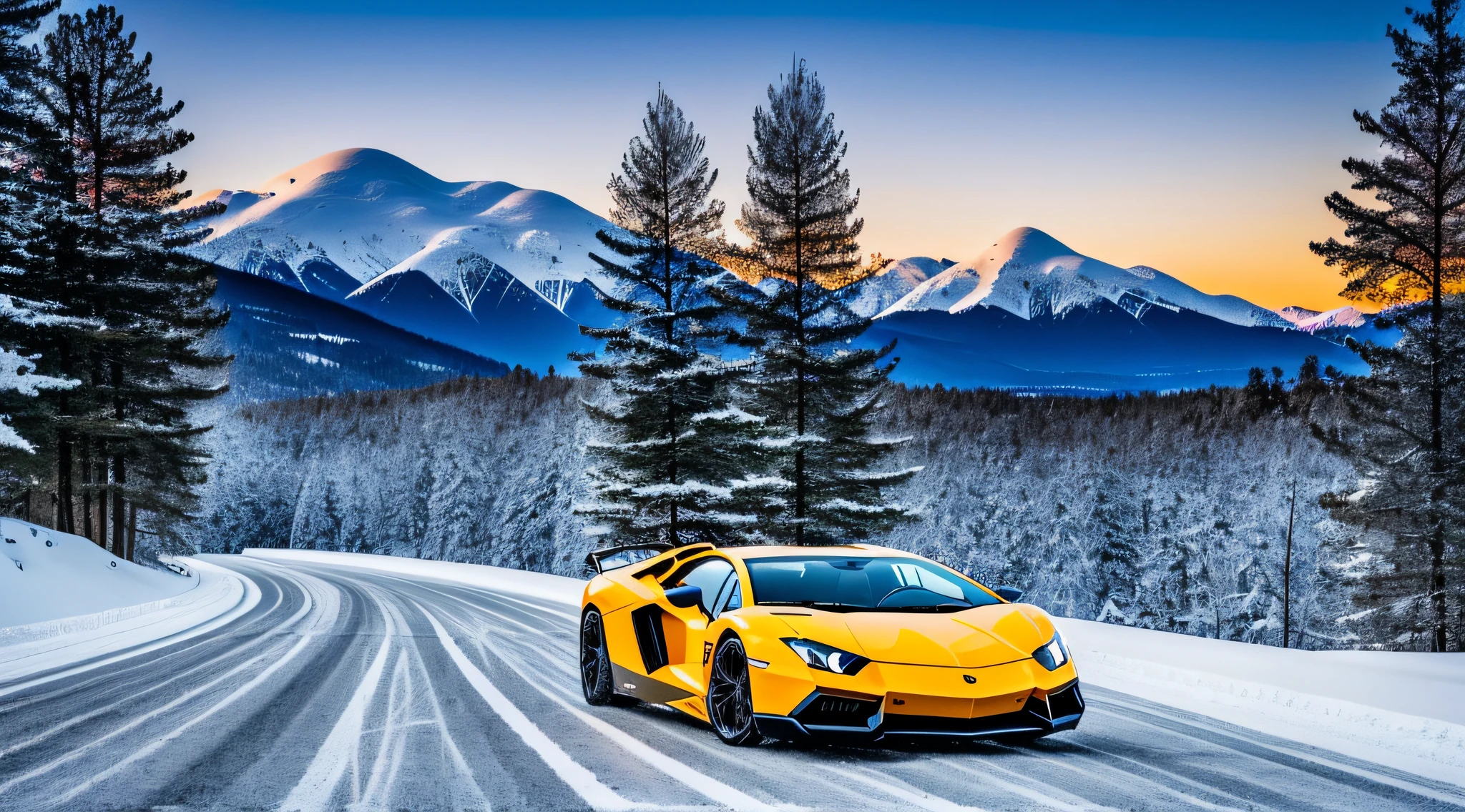 Lamburguini Aventador sports car, running on an icy hillside, with a landscape of snow-covered trees, with reflection in the car window, landscape background with icy mountains and snowflakes in the air, ultra realistic image, detailed image, 12k image, ultra resolution, vivid colors, real image, 3d rendering, ray tracing, cinematic lighting, Realism, Expressionism,  UHD, 8k, 16k, super detail, high details, high quality