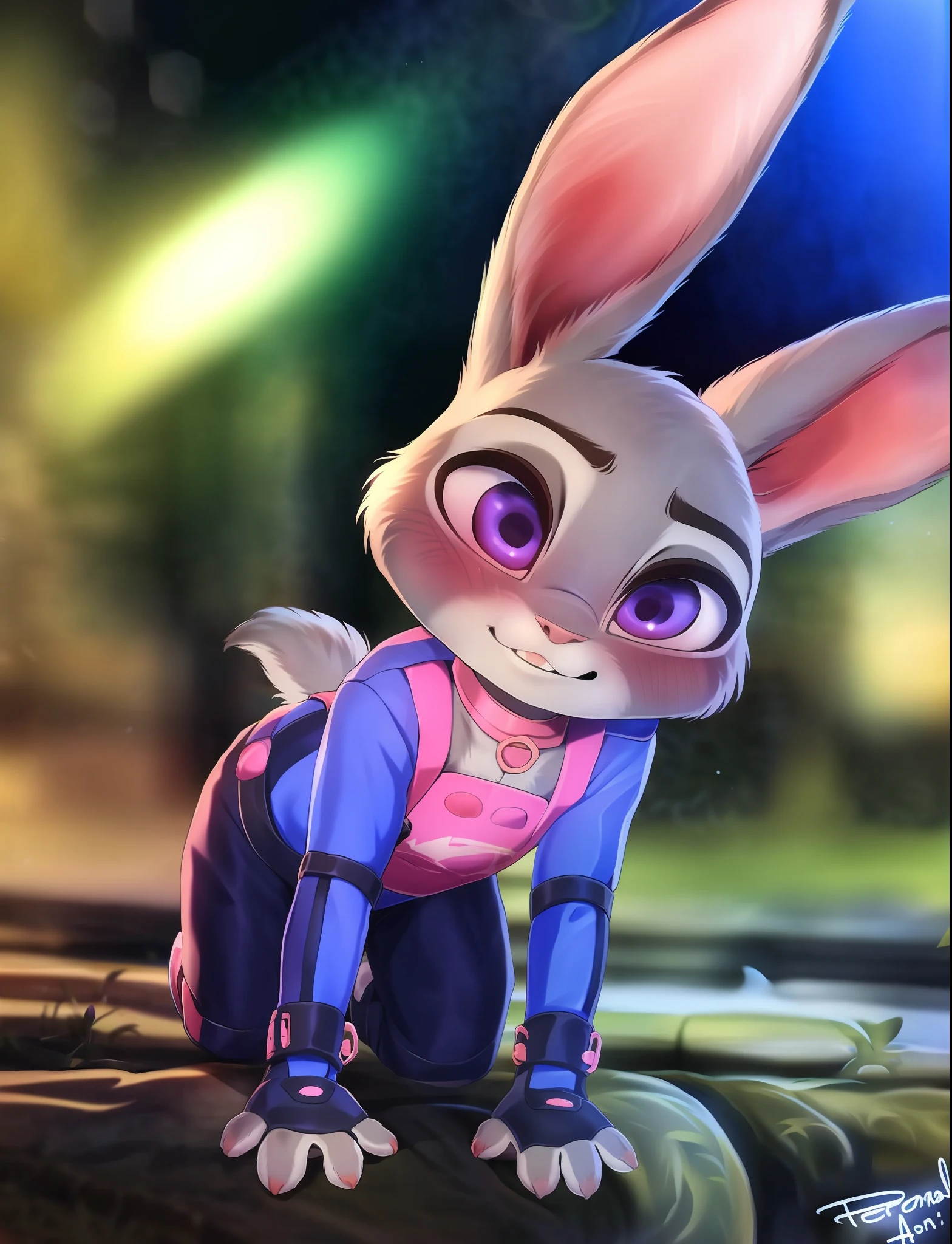 (uploaded on e621,8k, RAW photo,high resolution,high quality), ((masterpiece)), female, ((slim judy hopps)), (wear adorable shirt), crawling, bent over, pink collar, (tail) (cinematic lighting), backlighting, embarrassed, humiliated, (shaded), detailed background, by dagasi, (by personalami), beautiful purple eyes, thick leather mittens, leather cuffs,