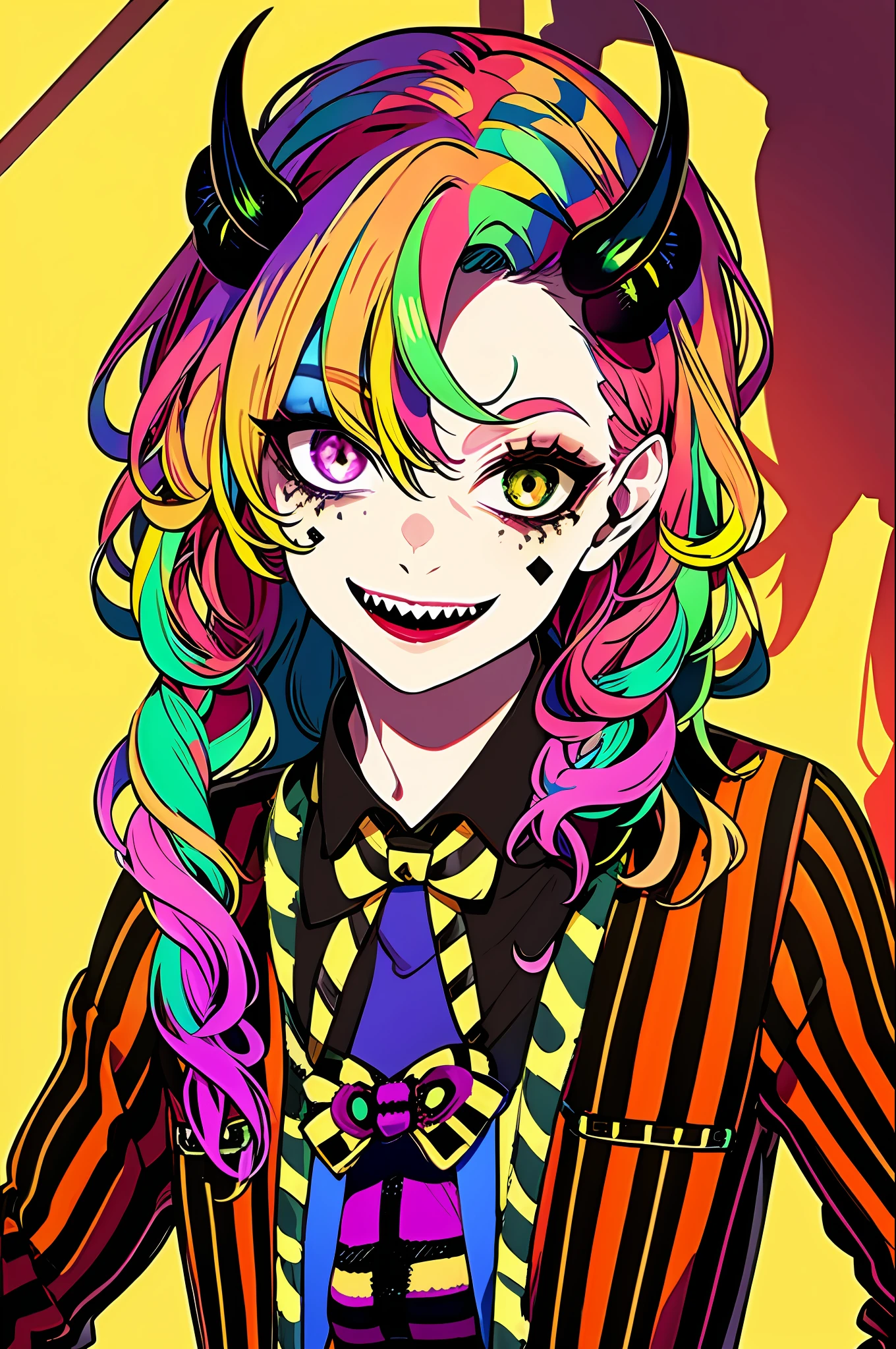 Beetle Juice, Official Art, 1 Boy, Solo, (Prank, Fantasy Scene, Demon), (Zen Entanglement, Mandala, Tangle, Entanglement:0.6), (Demon, Semi-Real, Demon, Shiny Skin, Textured Skin), Holographic Eyes, Heterochromatic, Purple Eyes, Striped Jacket, Striped Shirt, Bicolor Hair, Striped Hair, Multicolored Hair, Red Hair, Green Hair, Wild Hair, Evil Scene, Teeth, Side Lighting, Ray Tracing, Depth of Field, Solo, Extreme Light and Shadow, Masterpiece, Post-apocalyptic rich detail, (detailed eyes), (handsome) detailed, (dirt spots), (horror theme), (beetle juice), detailed eyes, (straight to the point), (masterpiece), (best quality), (super detailed), (best illustration), (best shadow), edge lighting, beetle juice, ((beetle juice)), crazy smile, crazy expression,