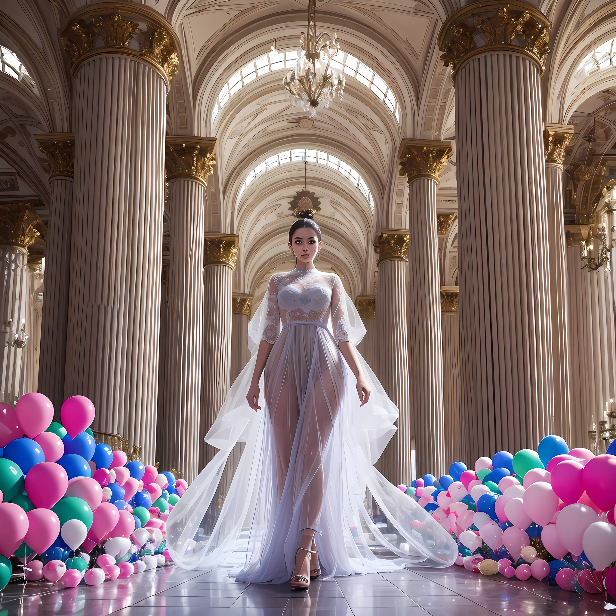 Fashion show, full of people sit watching it, beautiful model walking with a dress made of small transparent balloons toward the front camera, 8k, face detailed, hyper detailed, hyper realistic photograph, wide view --auto --s2
