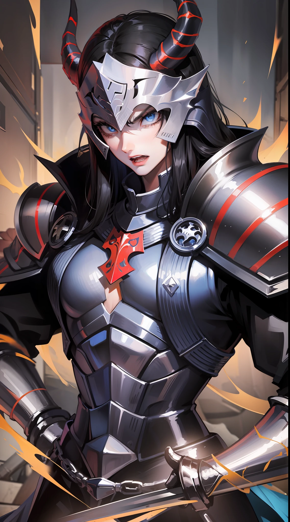 Tall guy, long black hair, blue eyes, berserker clothes, horned helmet, open chest, huge sword, fierce scream, masterpiece, high quality