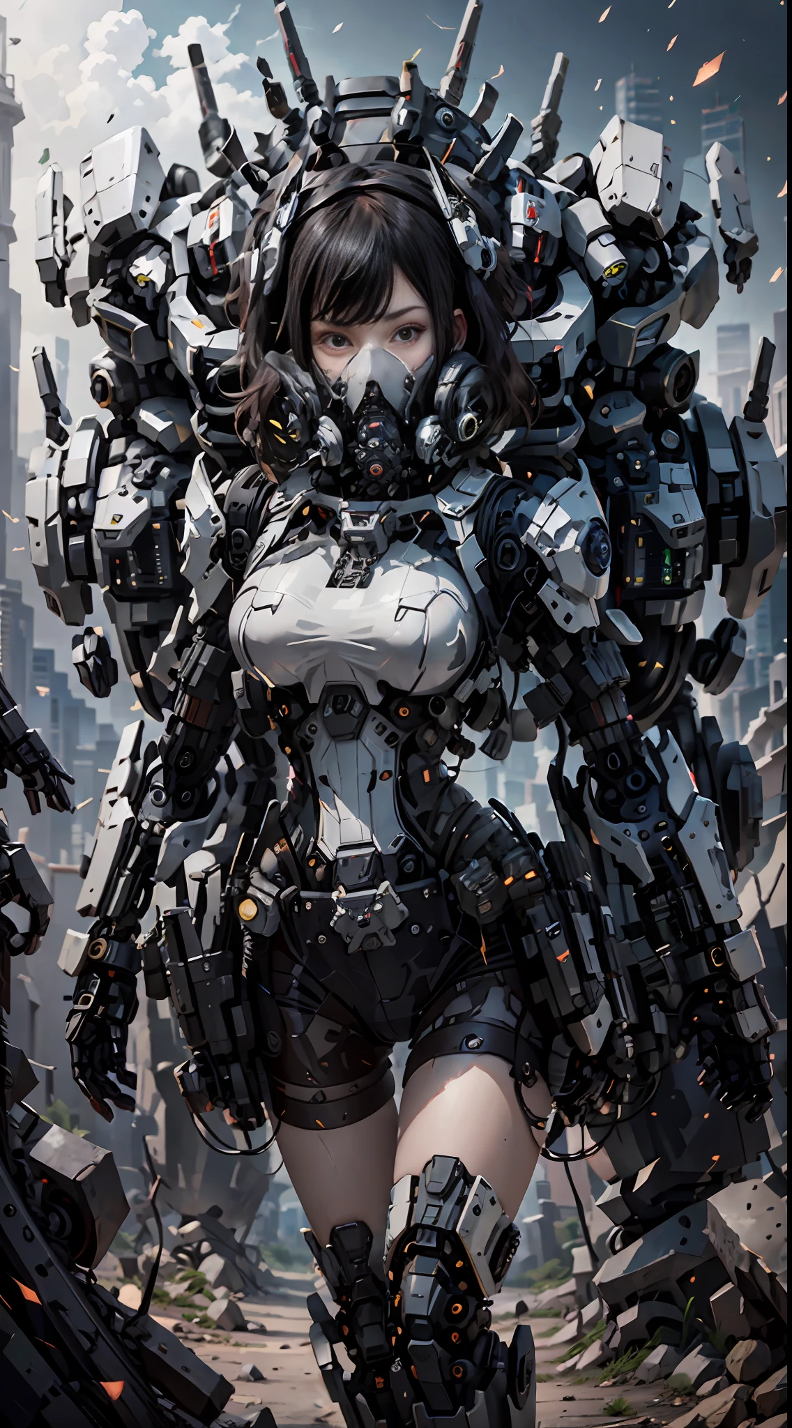 This is a CG Unity 8k wallpaper with ultra-detailed, high-resolution and top quality in cyberpunk style, dominated by black and red. In the picture, a beautiful girl with white messy short hair, a delicate face, wearing a steam mecha mask, standing on the ruins, behind her is a huge robot, and the action of a woman holding a heavy sniper rifle in her hand,