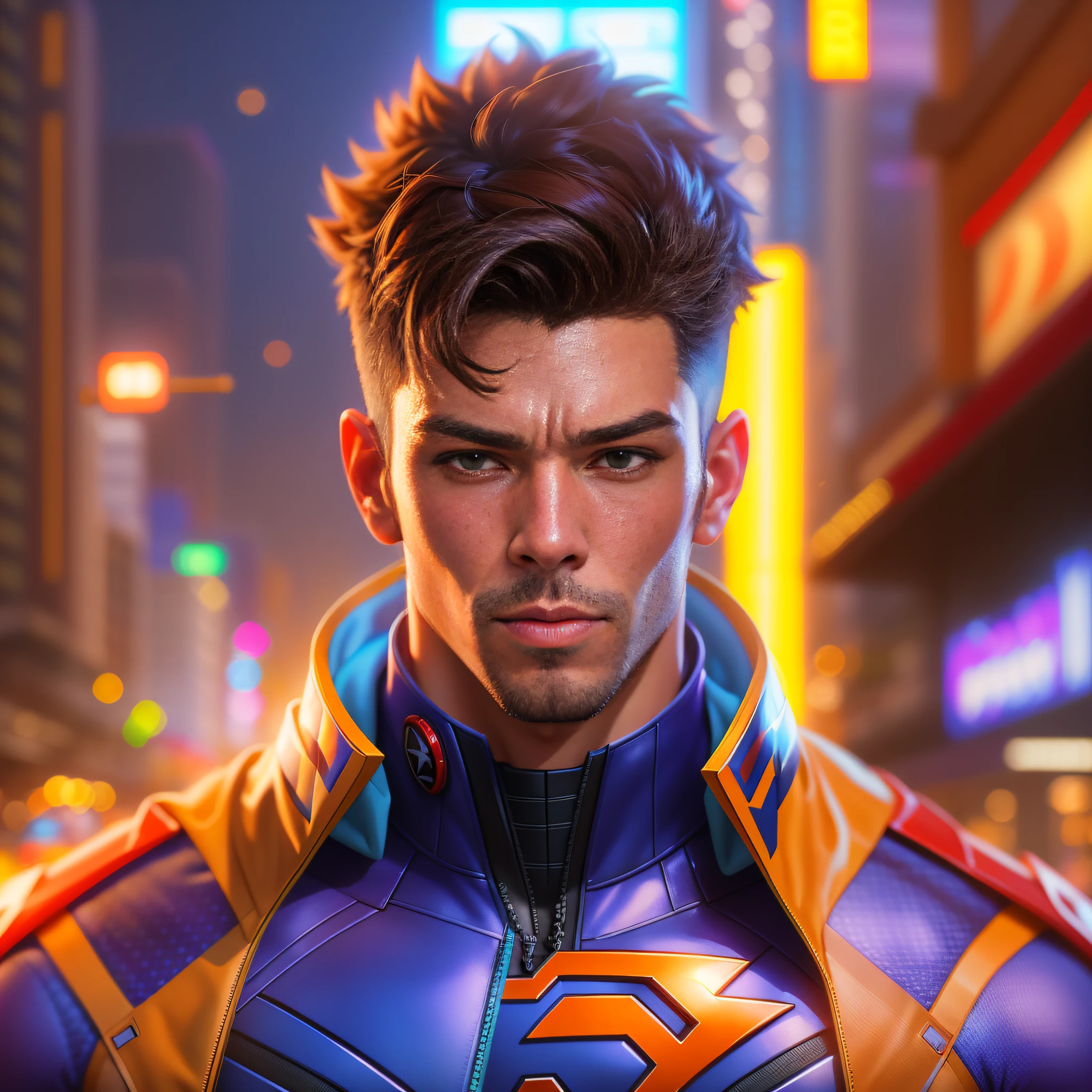 a close up of a man in a superhero suit standing in a city, ross tran 8 k, wojtek fus, trending on artstation 4k, trending on artstation.', hero pose colorful city lighting, trending on Artstation, trending on artstation hq, cgsociety portrait, trending on artstation hd, anton fadeev 8 k