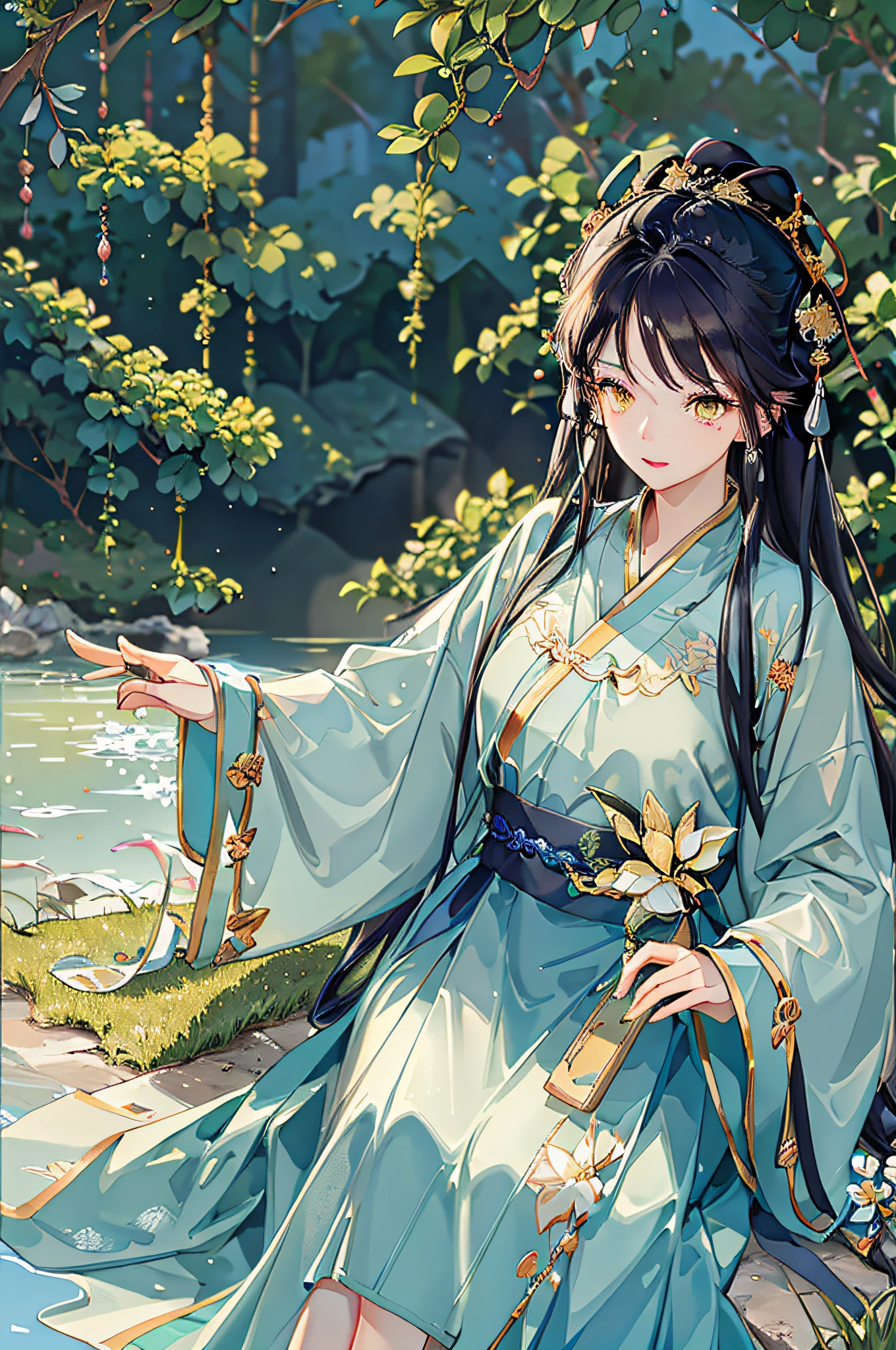 of the best quality，complicated detail，Highres，（Beautiful details water：1.4），（Hanfu，tang style），Yellow eyes，（Girl in a glass jar：1.1），the Dragon Boat Festival，At the table，Happy holiday