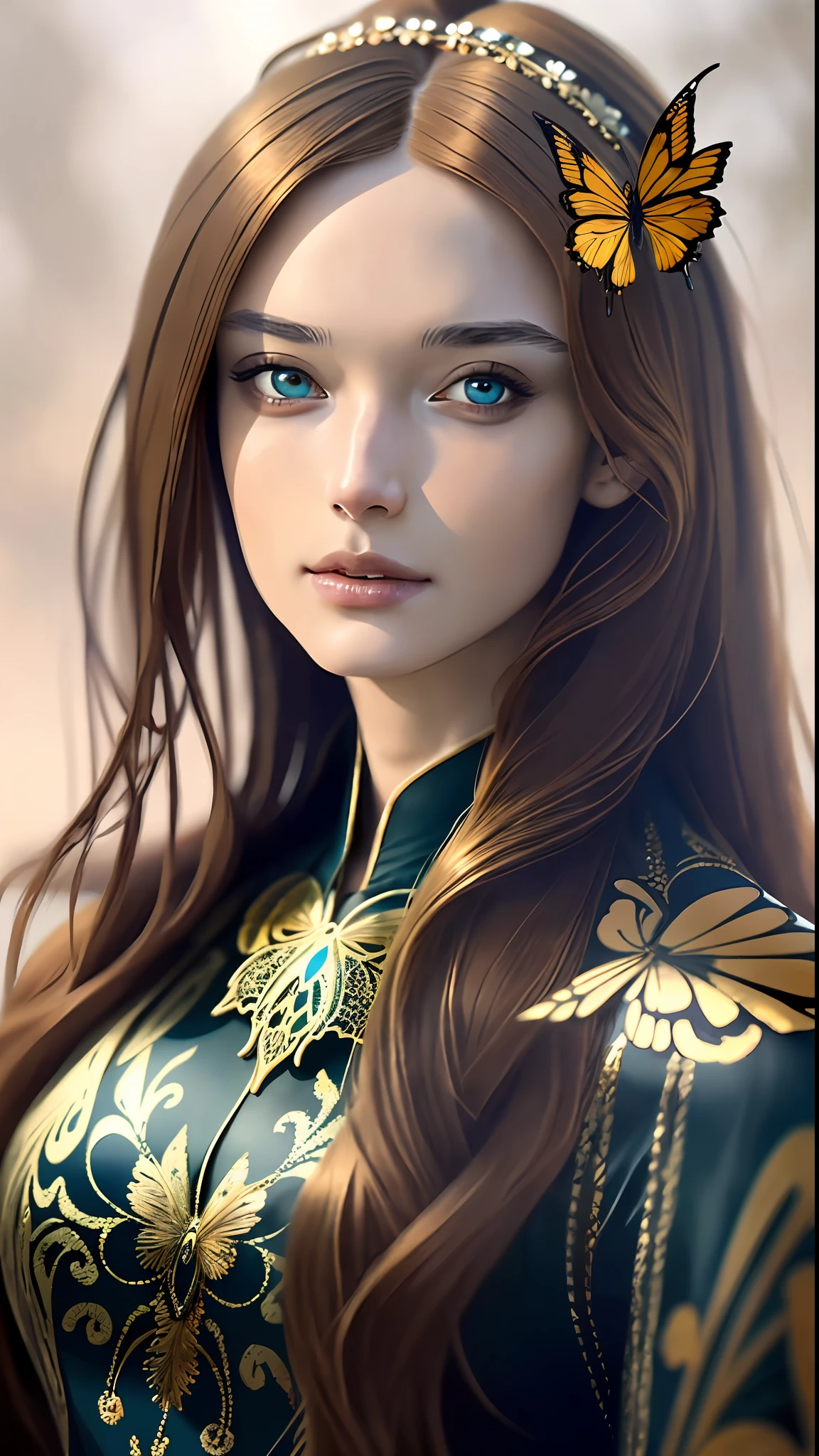 8k portrait of beautiful cyborg with brown hair, intricate, elegant, highly detailed, majestic, digital photography, art by artgerm and ruan jia and greg rutkowski surreal painting gold butterfly filigree, broken glass, (masterpiece, sidelighting, finely detailed beautiful eyes: 1.2), hdr,