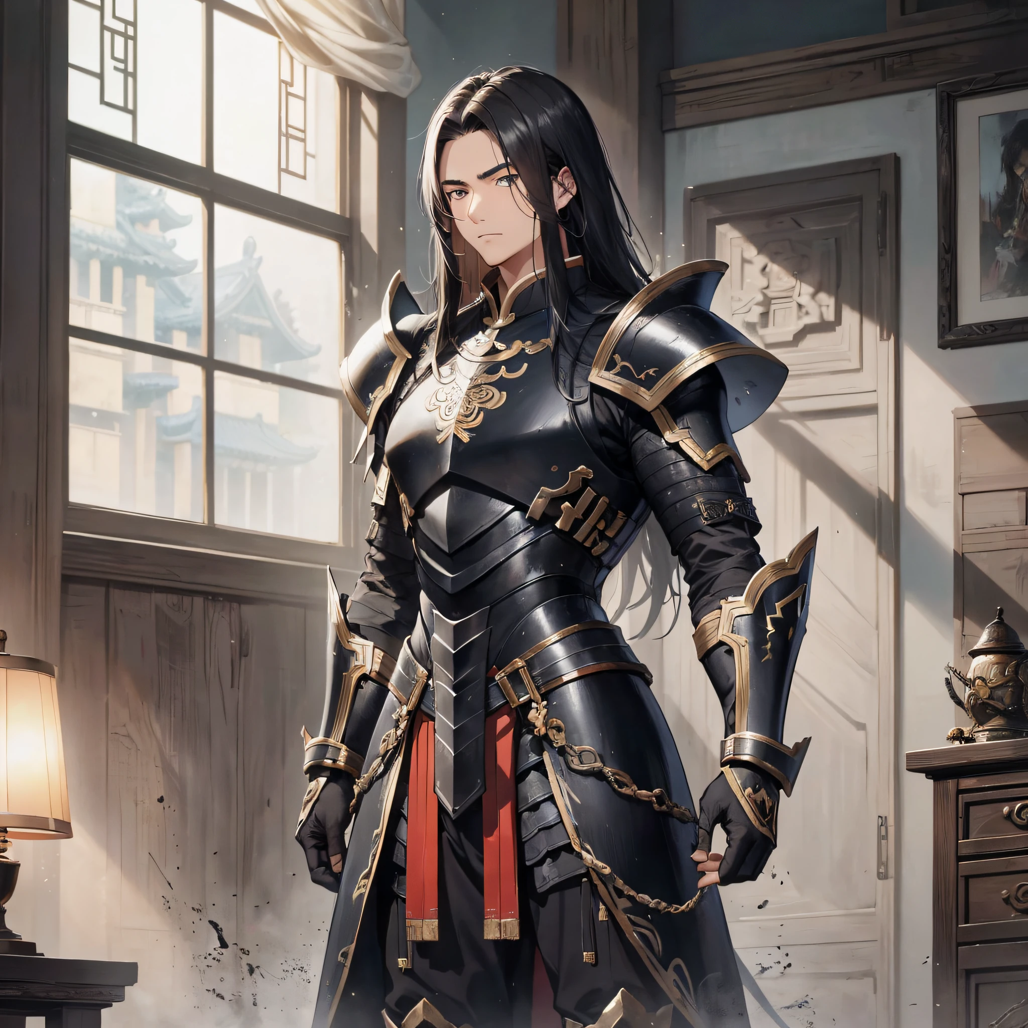 Absurd resolution, high resolution, (masterpiece: 1.4), hyper-detail, ancient Chinese, black long-haired young man (1.3), armored warrior in black armor, standing silently in the room, sad expression