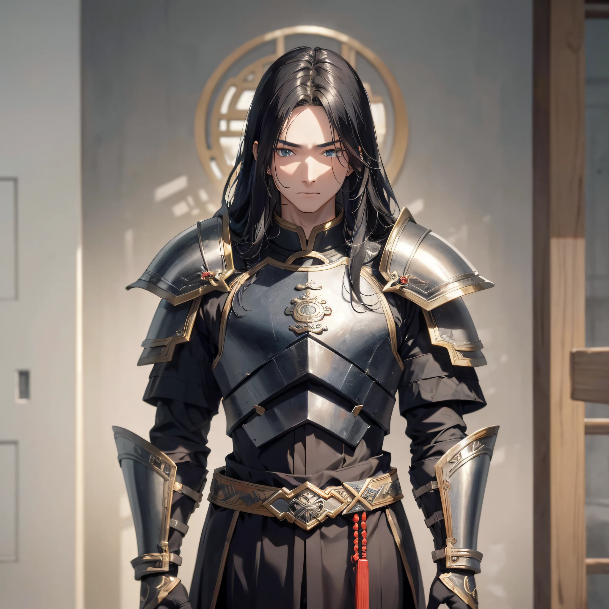 Absurd resolution, high resolution, (masterpiece: 1.4), hyper-detail, ancient Chinese, black long-haired young man (1.3), armored warrior in black armor, standing silently in the room, sad expression