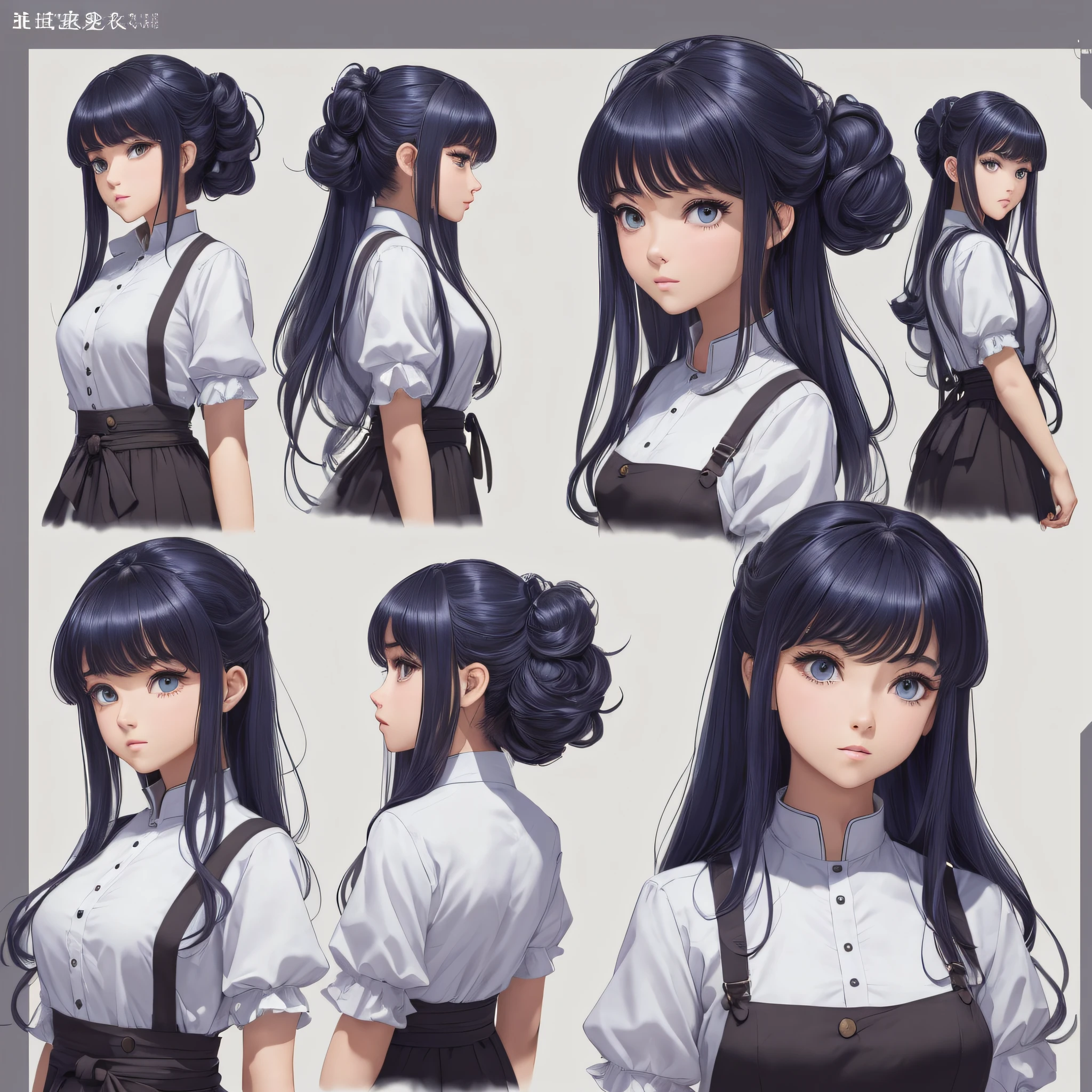 ((masterpiece)),(((best quality))),(character design sheet, same character, front, side, back), illustration, 1 girl, hair color, bangs, hairstyle fax, eyes, environment change scene, Hairstyle Fax, Pose Zitai, Female, Shirt Shangyi, Star, Charturnbetalora, (simple background, white background: 1.3), --6