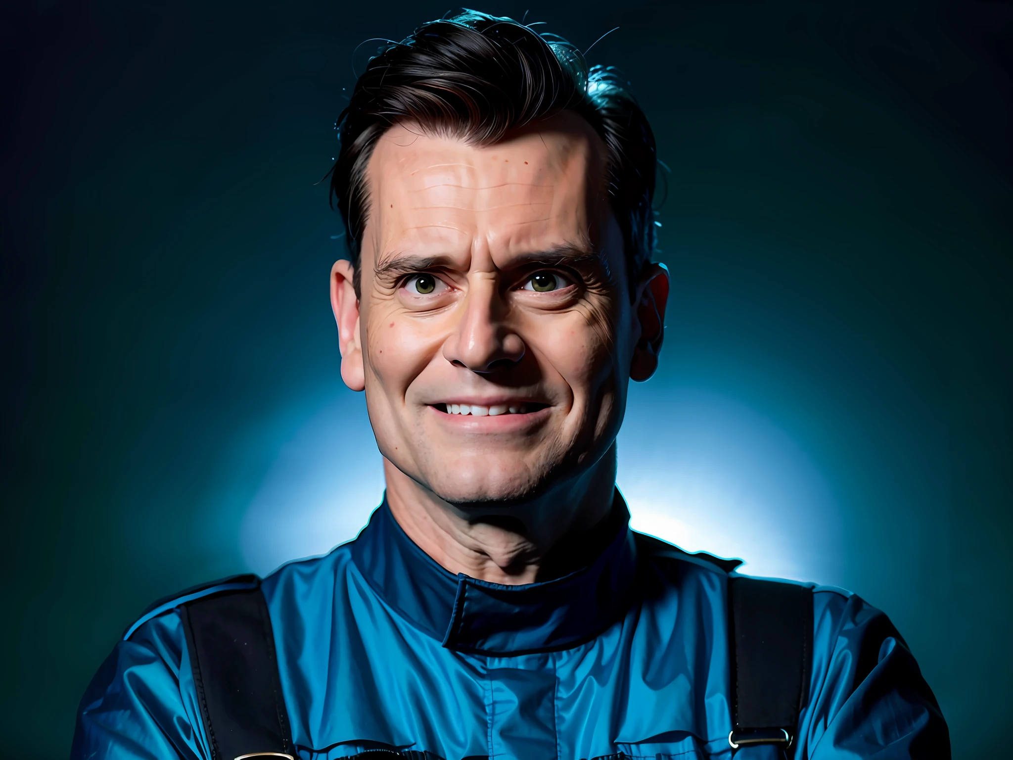 Arafed man in blue jacket standing with arms crossed, black background --auto --s2