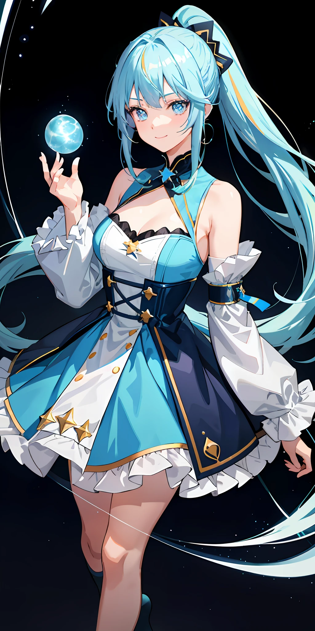 a 1girl, bright, light blue hair, ponytail, semi-long, star motif, multicolored hair, dark blue eyes, saleme, head mask, side lights, light particles, wallpaper, plump, plump idol, idol costume, loose, fluffy, quiet, smile, gentle, clear, sexy