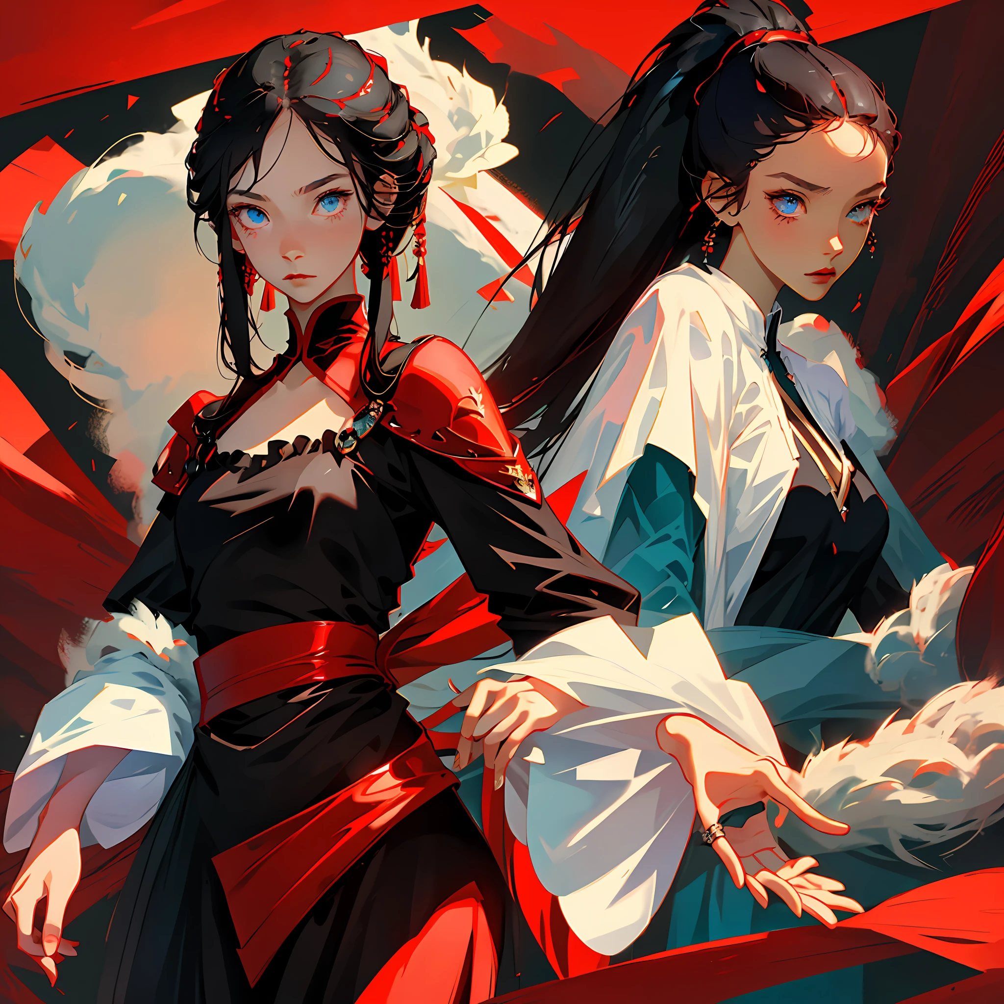 best quality, anime (a cute girl in the center) , long ( black and red) hair ,blue eyes, black and red chinses dress, flowers of backgrounds,