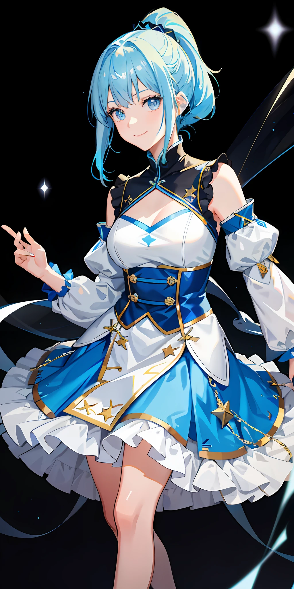 a 1girl, bright, light blue hair, ponytail, semi-long, star motif, multicolored hair, dark blue eyes, saleme, head mask, side lights, light particles, wallpaper, plump, plump idol, idol costume, loose, fluffy, quiet, smile, gentle, clear, sexy