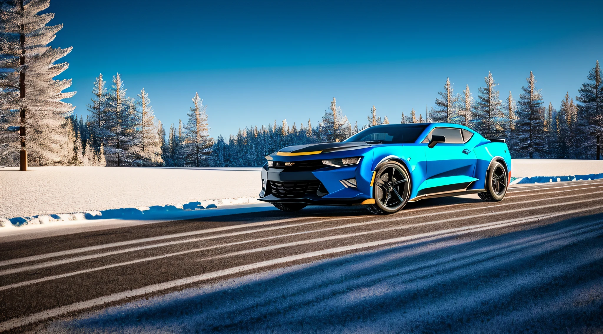 Chevrolet Camaro 2023 Black Sports Car, Running on an icy hillside at night, with a landscape of snow-covered trees, with reflection in the car window, landscape background with icy mountains and snowflakes in the air, ultra realistic image, detailed image, 12k image, ultra resolution, vivid colors, real image, 3D rendering, ray tracing, cinematic lighting, Realism, Expressionism, UHD, 8k, 16k, super detail, high detail, high quality