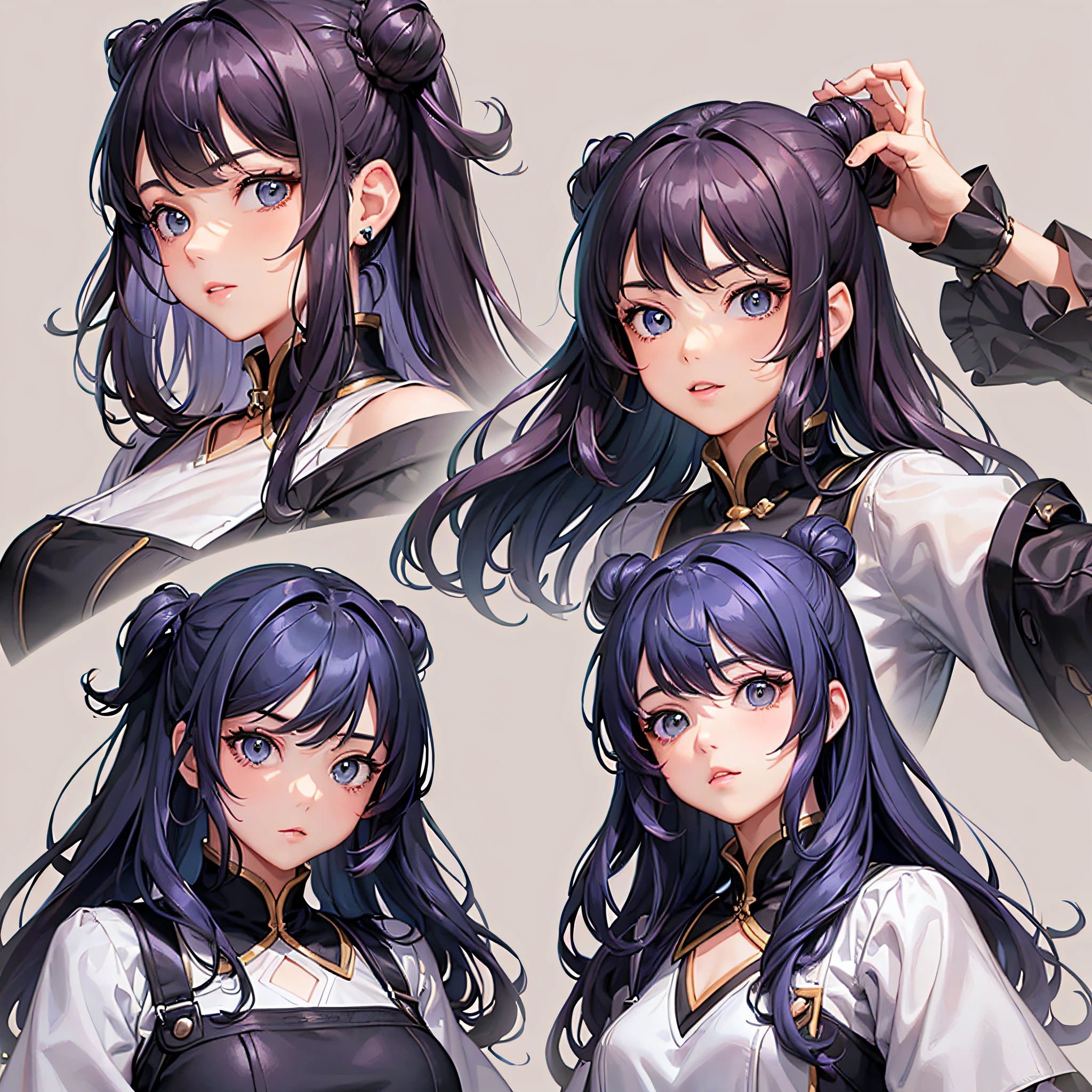 ((masterpiece)),(((best quality))),(character design sheet, same character, front, side, back), illustration, 1 girl, hair color, bangs, hairstyle fax, eyes, environment change scene, Hairstyle Fax, Pose Zitai, Female, Shirt Shangyi, Star, Charturnbetalora, (simple background, white background: 1.3), --6