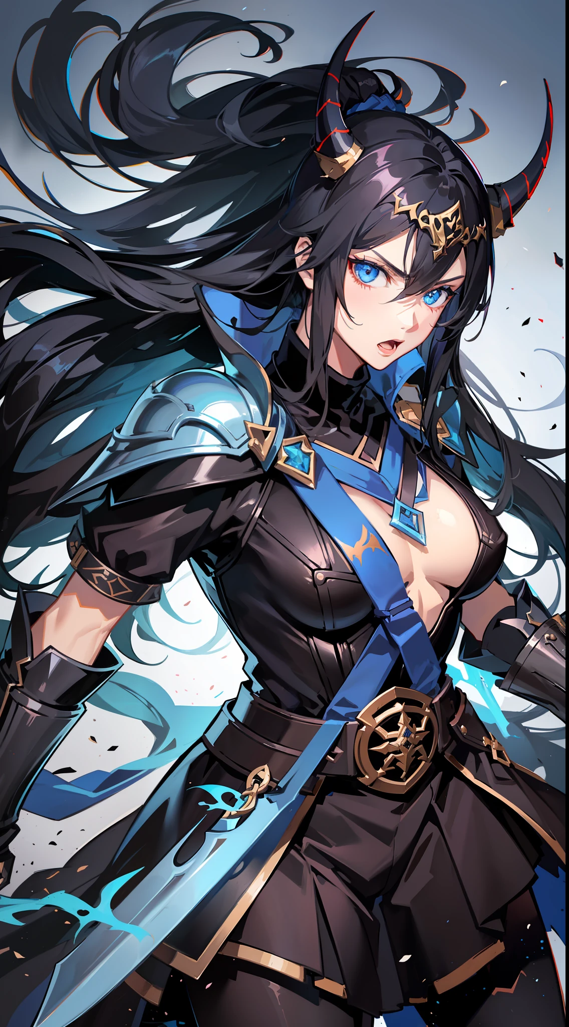Tall guy, long black hair, blue eyes, berserker clothes, horned helmet, open chest, huge sword, fierce scream, masterpiece, high quality