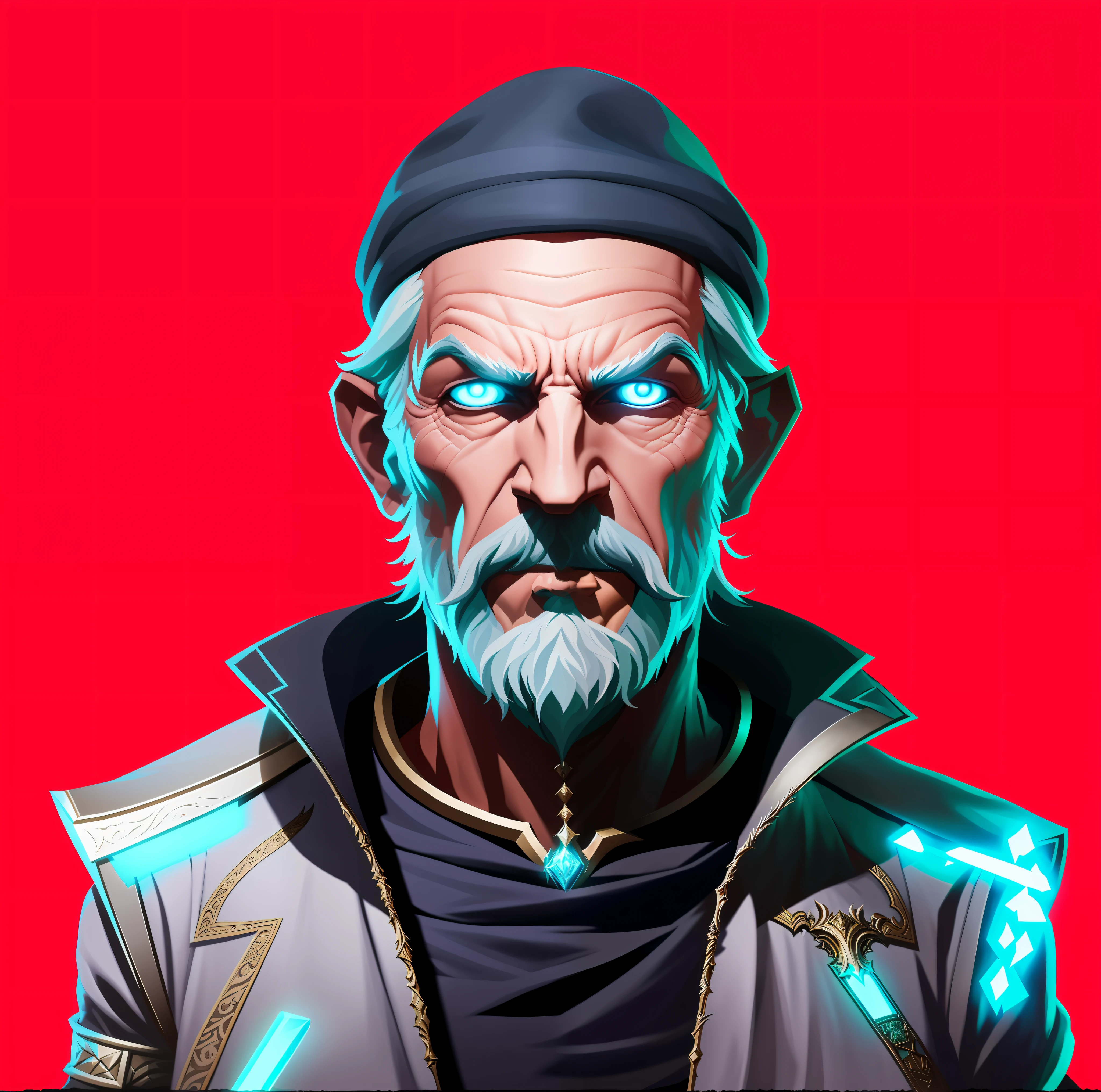 Draw an epic portrait of a magician in a stunning detailed art style. The magician is an iconic character of high detail, with characteristics of an ancestral sage. He's standing, in a close-up, with a vibrant red background. The wizard wears a small, black wizard's hat, adding a distinctive touch to his look. The illustration should capture the essence of an epic portrait of a wizard, with a touch of Fortnite art style. Use your creativity to create a portrait of a powerful wizard, combining epic art style with green spells. The final image should convey the feeling of a mystical wizard, depicted in the epic art style of Fortnite, while incorporating the magical and ancestral atmosphere, highlighted by the iconic wizard's hat, thus creating a true epic digital art illustration that could be used in a role-playing game.