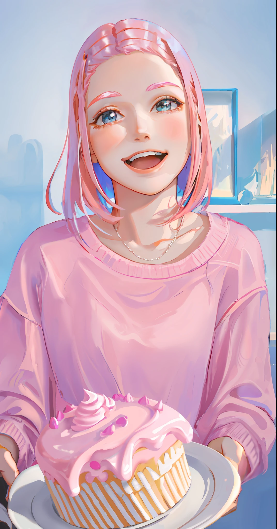 Young woman holding a cake with frosting and a pink frosting, pink hair, looking at the viewer, short pink hair with light blue, sweater and skirt