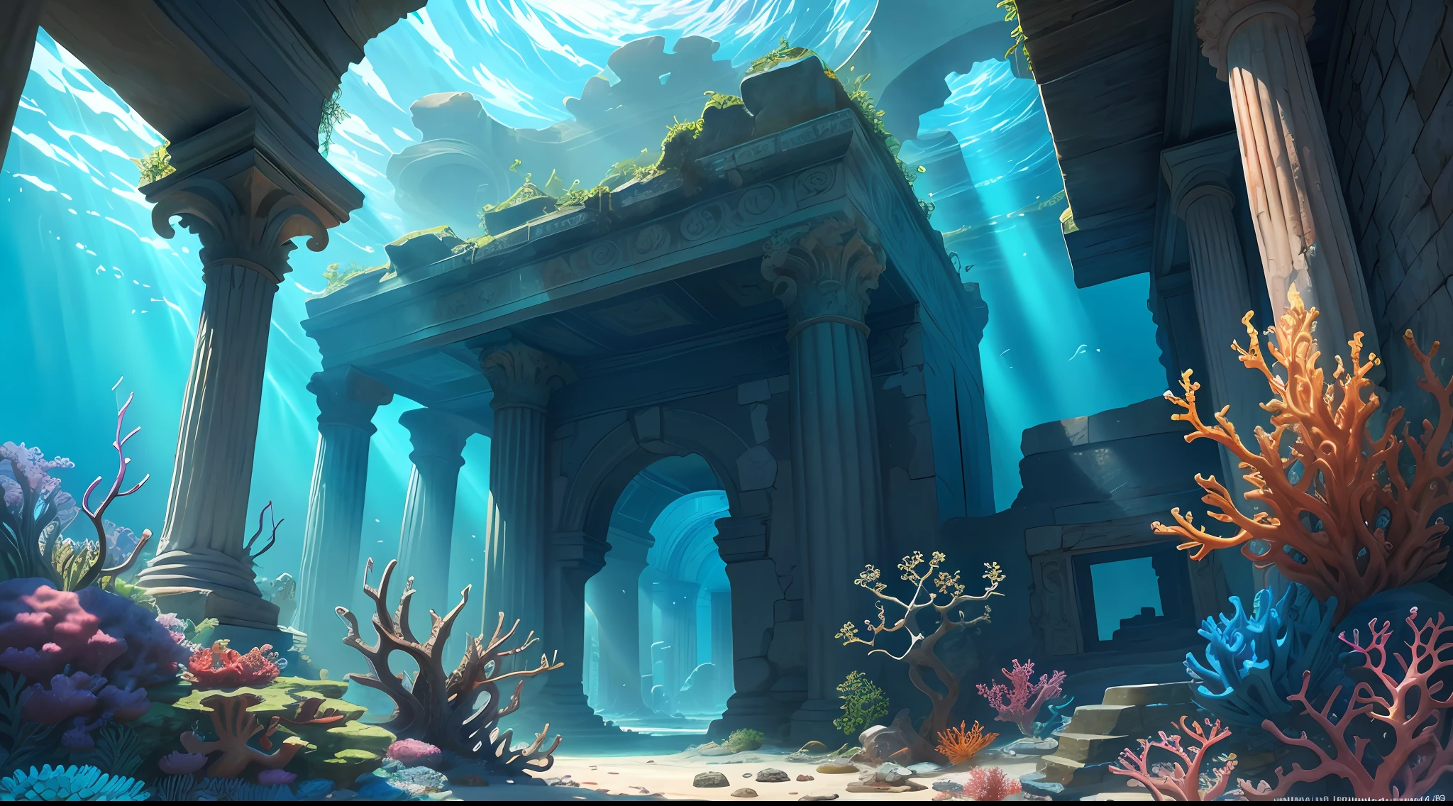 Underwater World Atlantis, Deep Sea, Epic Reality, (HDR: 1.4), Dappled Sun, Cool Colors, ((Ancient Ruins)), Ocean Type Houses Full of Design, Deep Sea Creatures, Coral, Fantastic Incredible, Epic Composition, (Intricate Details), (Intricate Details, Hyper Details: 1.2), Art Station, (Masterpiece, Best Quality) --v 6