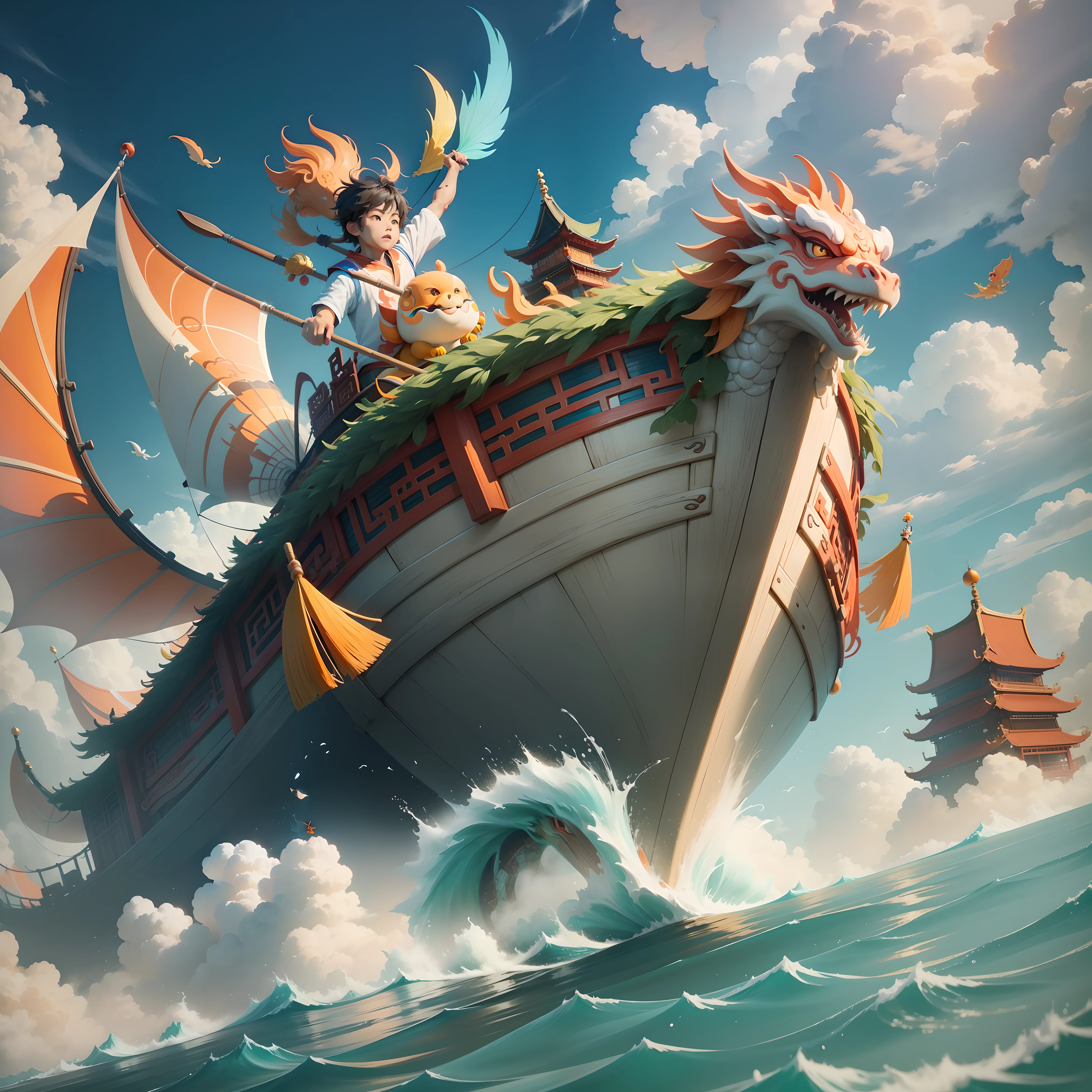 A cute Chinese boy is rowing a boat, a colorful Chinese dragon in the air, in the style of rendered in cinema4d, Low saturation,playful character designs, orange and green, Clean blue sky and white clouds,bloomcore, toycore, solid background,clean ackground,cinematic lighting,super details,8K,Ultimate