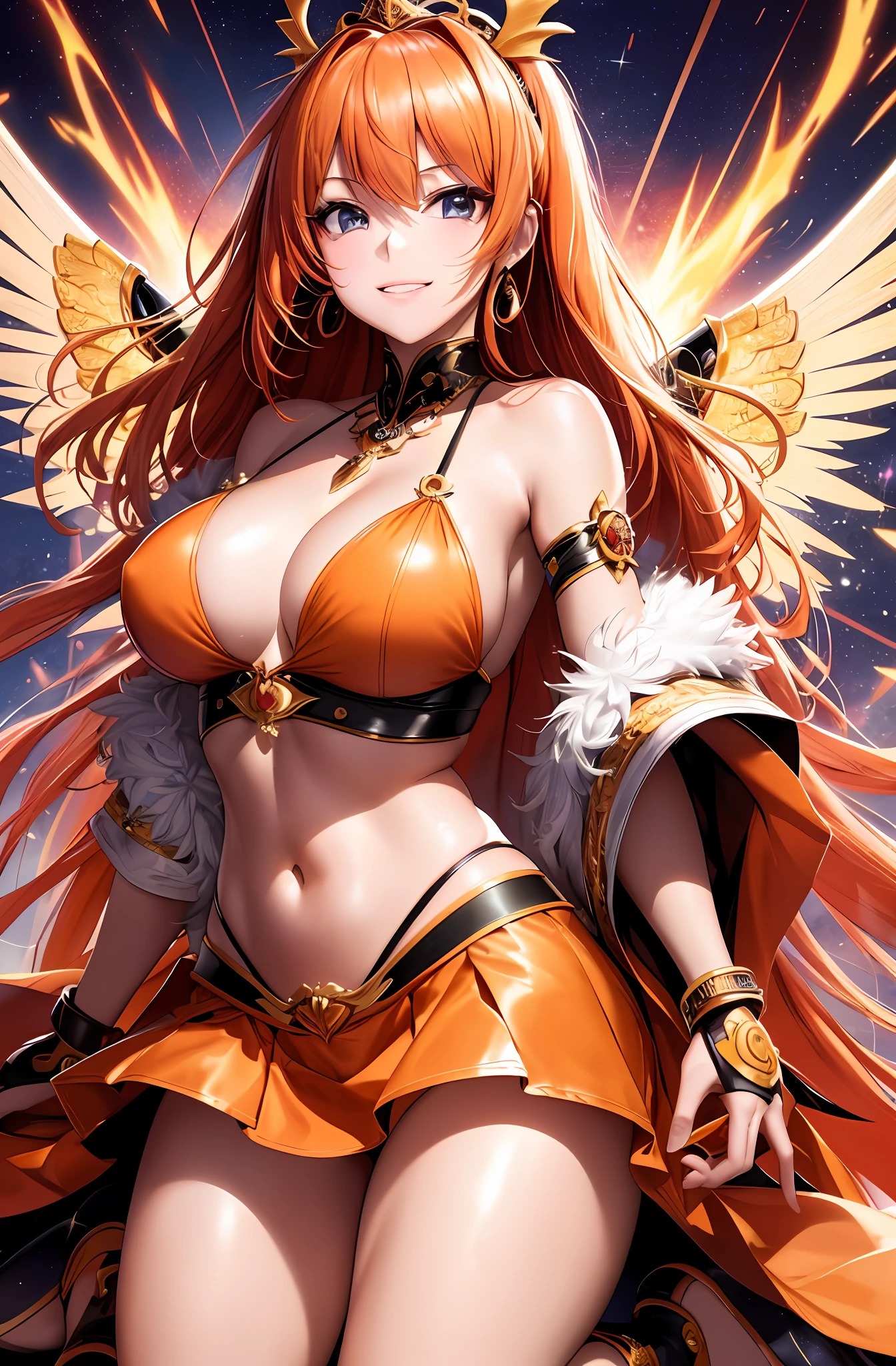Top quality, ultra high resolution, (photorealistic: 1.4), Japan people, attractive faces. Model face. Thin. Smile, bikini, beautiful details, orange hair. Big tits. Miniskirt. Earring. Detail. Vivid? On the back large wings. Long hair. Tiara. Orange lightning. Thundercloud. Thunder. Temple. God. Get on your knees. Kneeling.