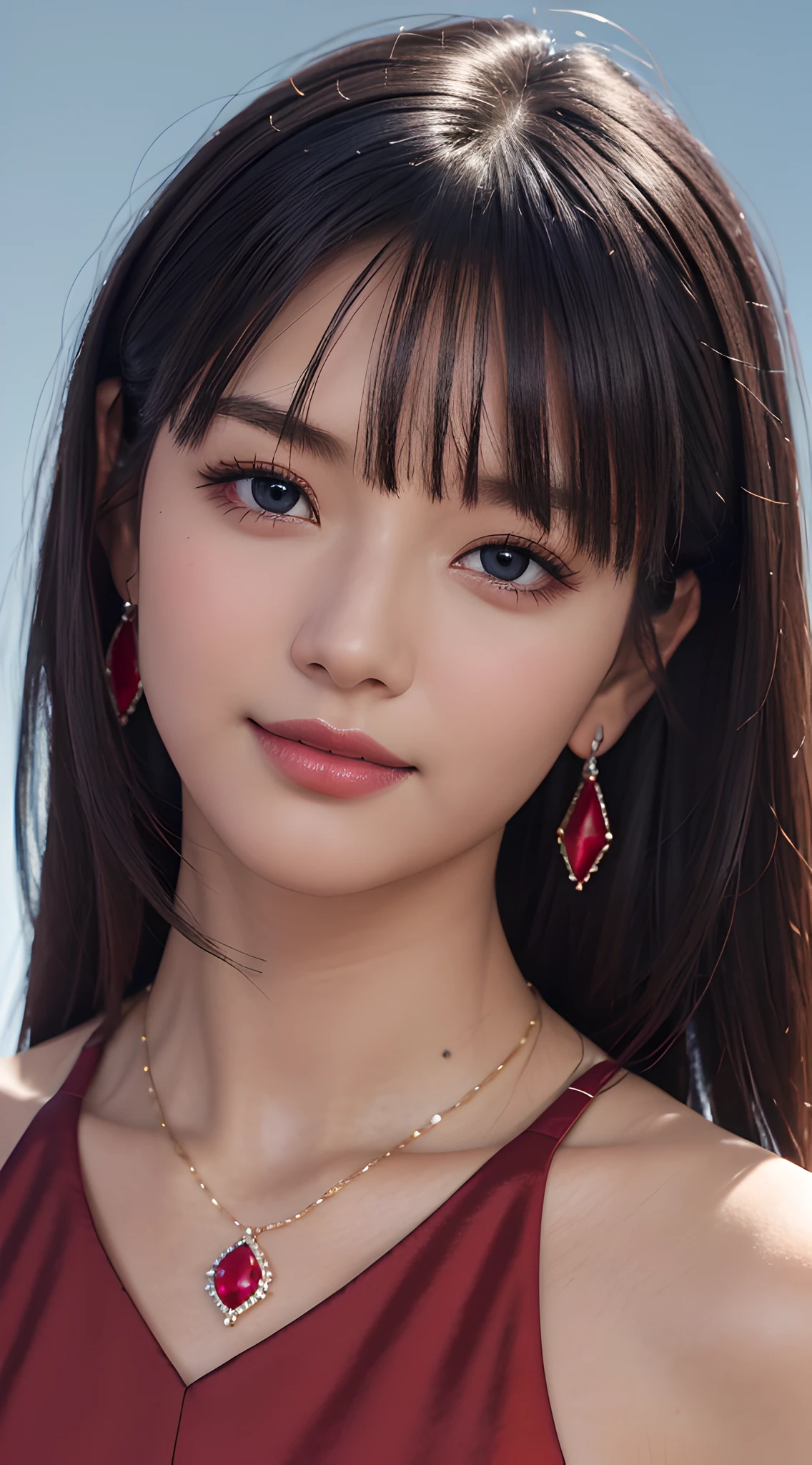 (close up:1.3), masterpiece, best quality, 8k, absurdres, beautiful girl, pretty face, looking at viewer, smile, (dark red dress:1.6), ruby earrings, ruby necklace, teen, cute, (smokey red eye shadow with glitter, glazed pinkish red lips:0.8), ultra realistic, highres, photography, film grain, chromatic aberration, sharp focus, HDR, facelight, dynamic lighting, cinematic lighting, professional shadow, simple background, (dull blue background:1.4), highest detailed, extreme detailed, ultra detailed, finely detail, real skin, delicate facial features, detailed face and eyes, sharp pupils, realistic pupils