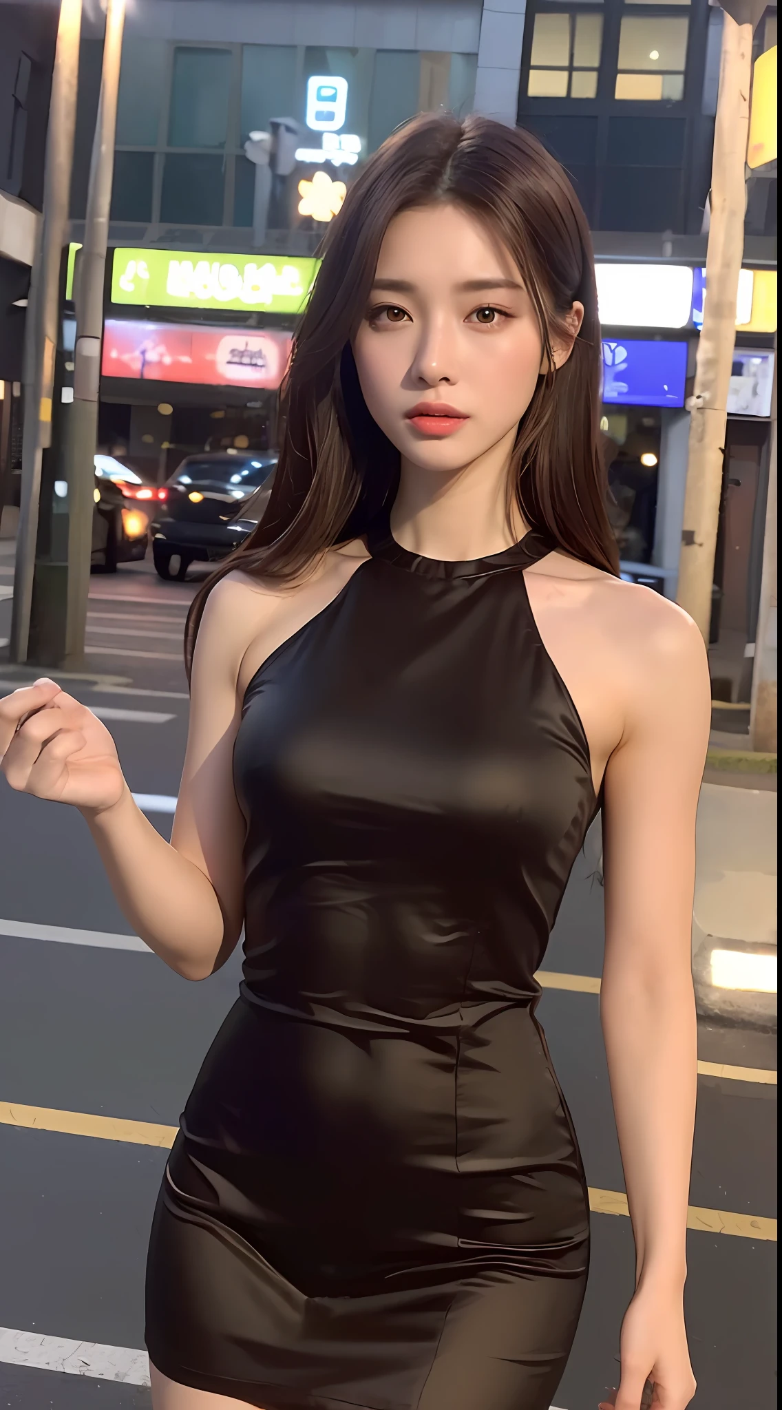 ((Realistic lighting, Best quality, 8K, Masterpiece: 1.3)), Focus: 1.2, 1girl, Perfect Body Beauty: 1.4, Slim Abs: 1.1, ((Dark Brown Hair)), (Aqua Dress: 1.4), (Outdoor, Night: 1.1), City Street, Super Fine Face, Fine Eyes, Double Eyelids,
