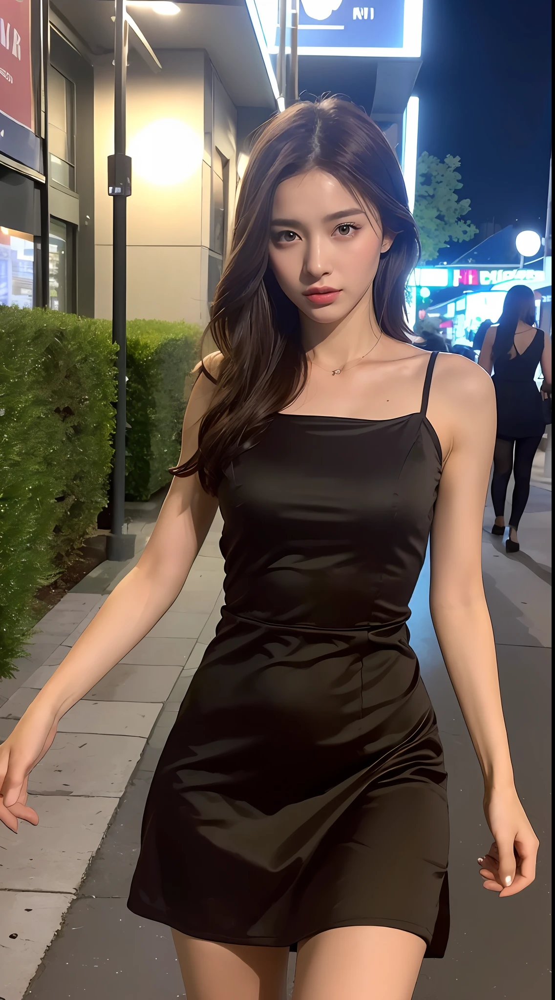 ((Realistic lighting, Best quality, 8K, Masterpiece: 1.3)), Focus: 1.2, 1girl, Perfect Body Beauty: 1.4, Slim Abs: 1.1, ((Dark Brown Hair)), (Aqua Dress: 1.4), (Outdoor, Night: 1.1), City Street, Super Fine Face, Fine Eyes, Double Eyelids,