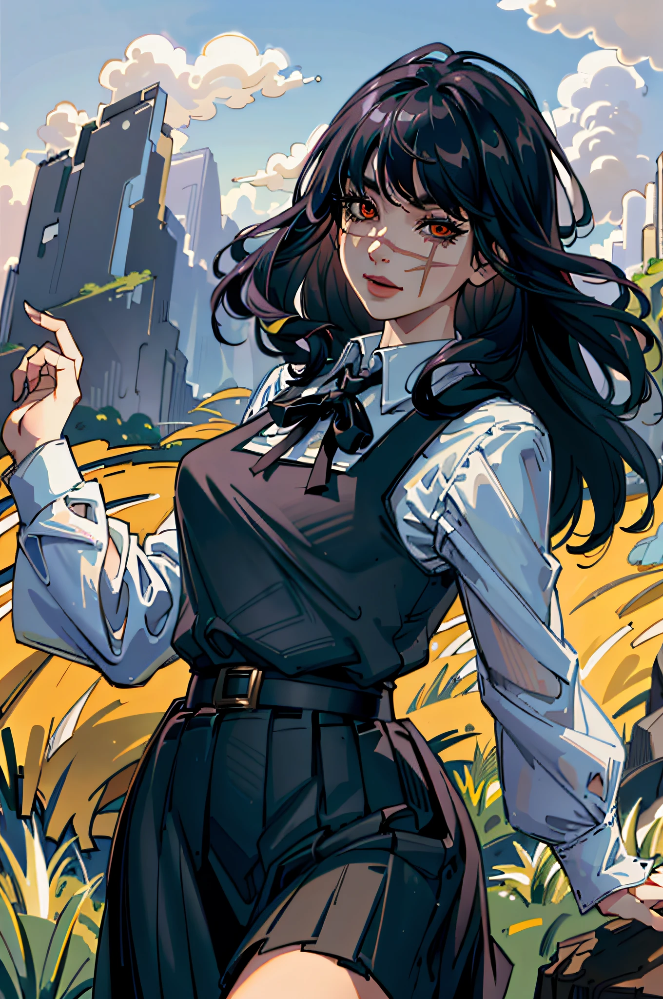 (masterpiece, best quality), yoru, 1girl, long hair, red eyes, scar on face, ringed eyes, curvy, makeup, cute pose, cute, looking at viewer, smile, :D, cute pose, (detailed ladscape, (detailed background),detailed landscape, (dynamic angle:1.2), (dynamic pose:1.2), (rule of third_composition:1.3), (Line of action:1.2), wide shot, daylight, solo, (masterpiece:1.2), (best quality, highest quality), (ultra detailed), (8k, 4k, intricate),(full-body-shot), (Cowboy-shot:1.4), (50mm), (highly detailed:1.2),(detailed face:1.2), detailed_eyes,(gradients),(ambient light:1.3),(cinematic composition:1.3),(HDR:1),Accent Lighting,extremely detailed CG unity 8k wallpaper,original, highres, pinafore dress, black belt, black ribbon,