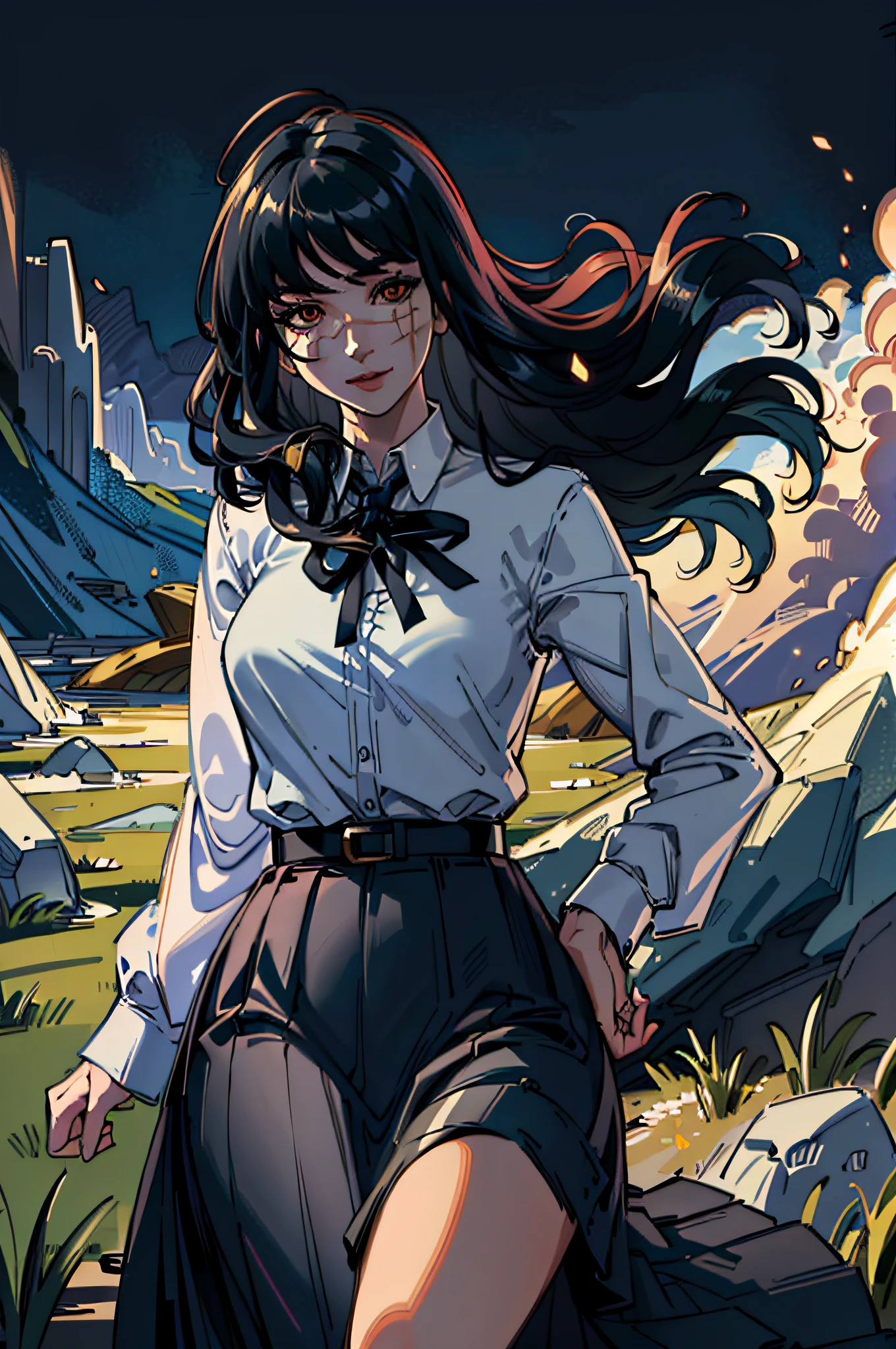 (masterpiece, best quality), yoru, 1girl, long hair, red eyes, scar on face, ringed eyes, curvy, makeup, cute pose, cute, looking at viewer, smile, :D, cute pose, (detailed ladscape, (detailed background),detailed landscape, (dynamic angle:1.2), (dynamic pose:1.2), (rule of third_composition:1.3), (Line of action:1.2), wide shot, daylight, solo, (masterpiece:1.2), (best quality, highest quality), (ultra detailed), (8k, 4k, intricate),(full-body-shot), (Cowboy-shot:1.4), (50mm), (highly detailed:1.2),(detailed face:1.2), detailed_eyes,(gradients),(ambient light:1.3),(cinematic composition:1.3),(HDR:1),Accent Lighting,extremely detailed CG unity 8k wallpaper,original, highres, pinafore dress, black belt, black ribbon,