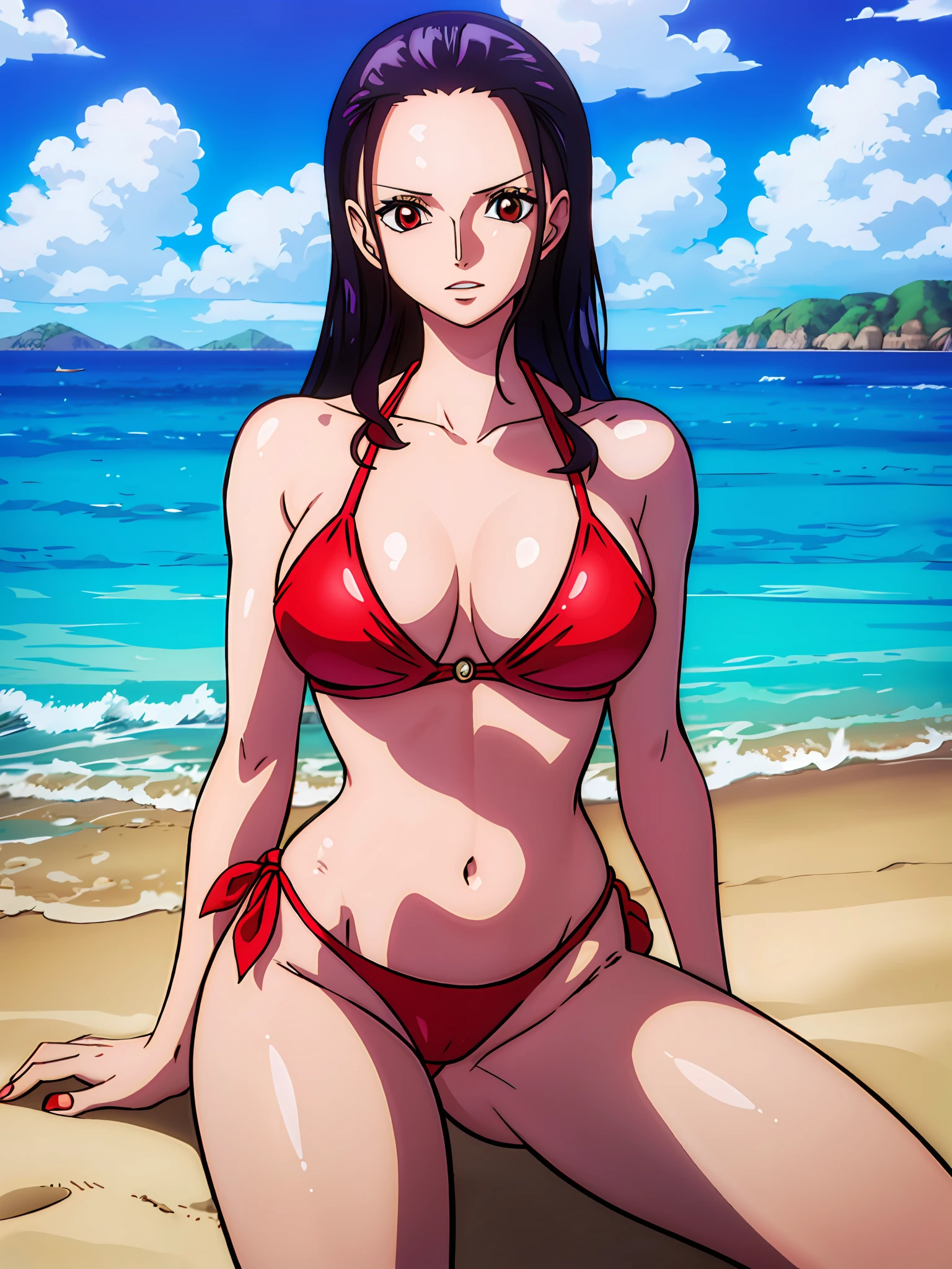 1girl, (shapely body), (solo), 30 years old, hdr, ((red bikini)), beach, nico robin