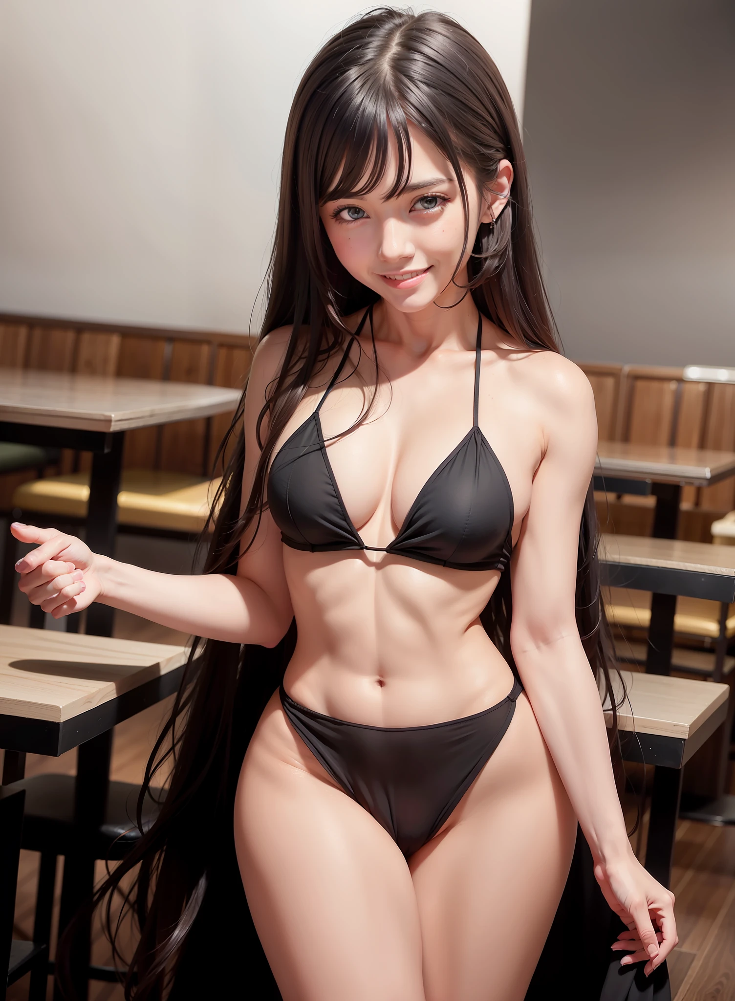 (realistic:1.2), best quality,
1girl , 
black dress, 
long hair, 
at the restaurant, 
smile,