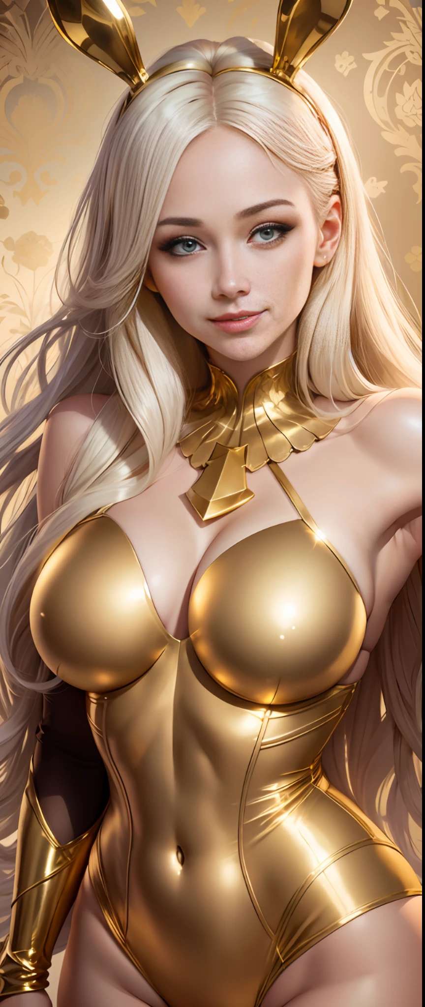 women with big breasts, european women, smile, platinum blonde hair, gold leotard, gold bunny girl, realistic, bright sunshine, gold treasure house, gold wallpaper