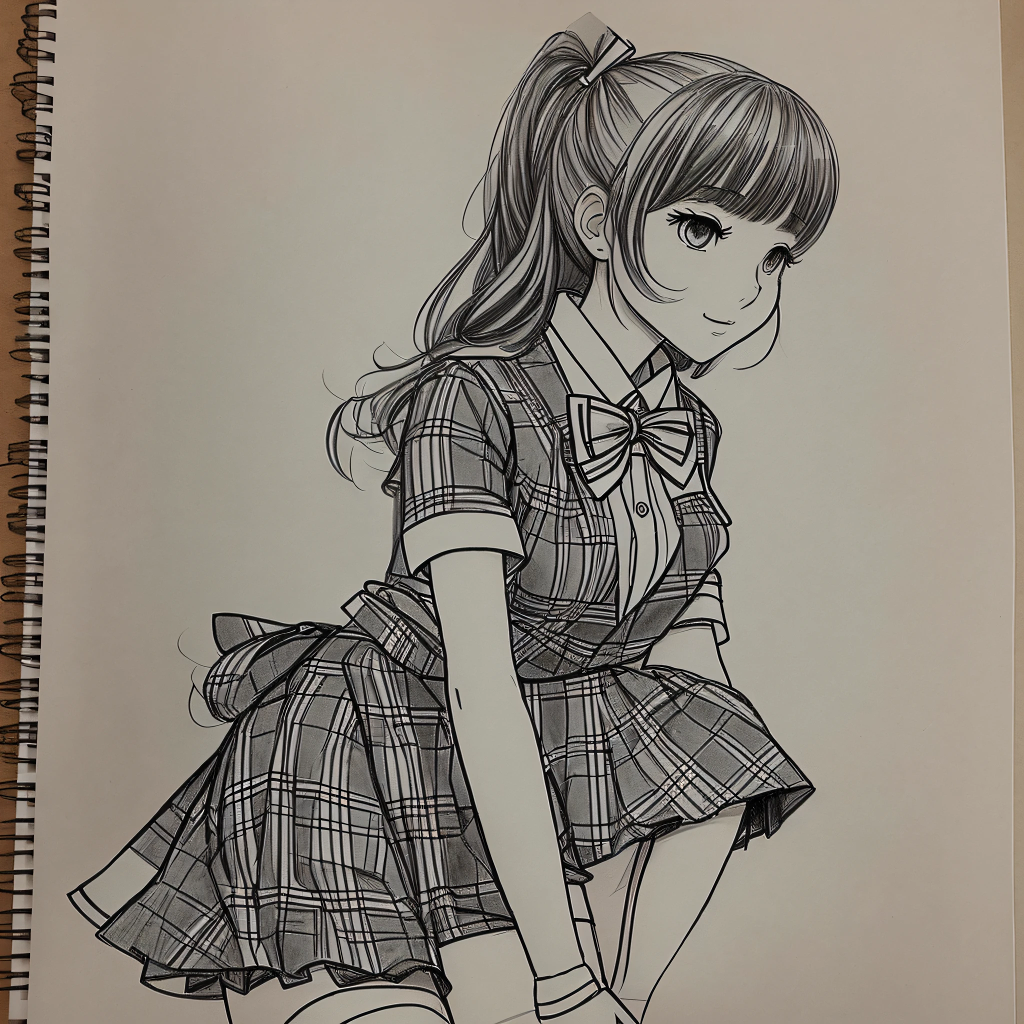 4K, Japanese high school uniform design drawing, shirt, plaid skirt, bow tie, over-the-knee socks, front and back, line drawing