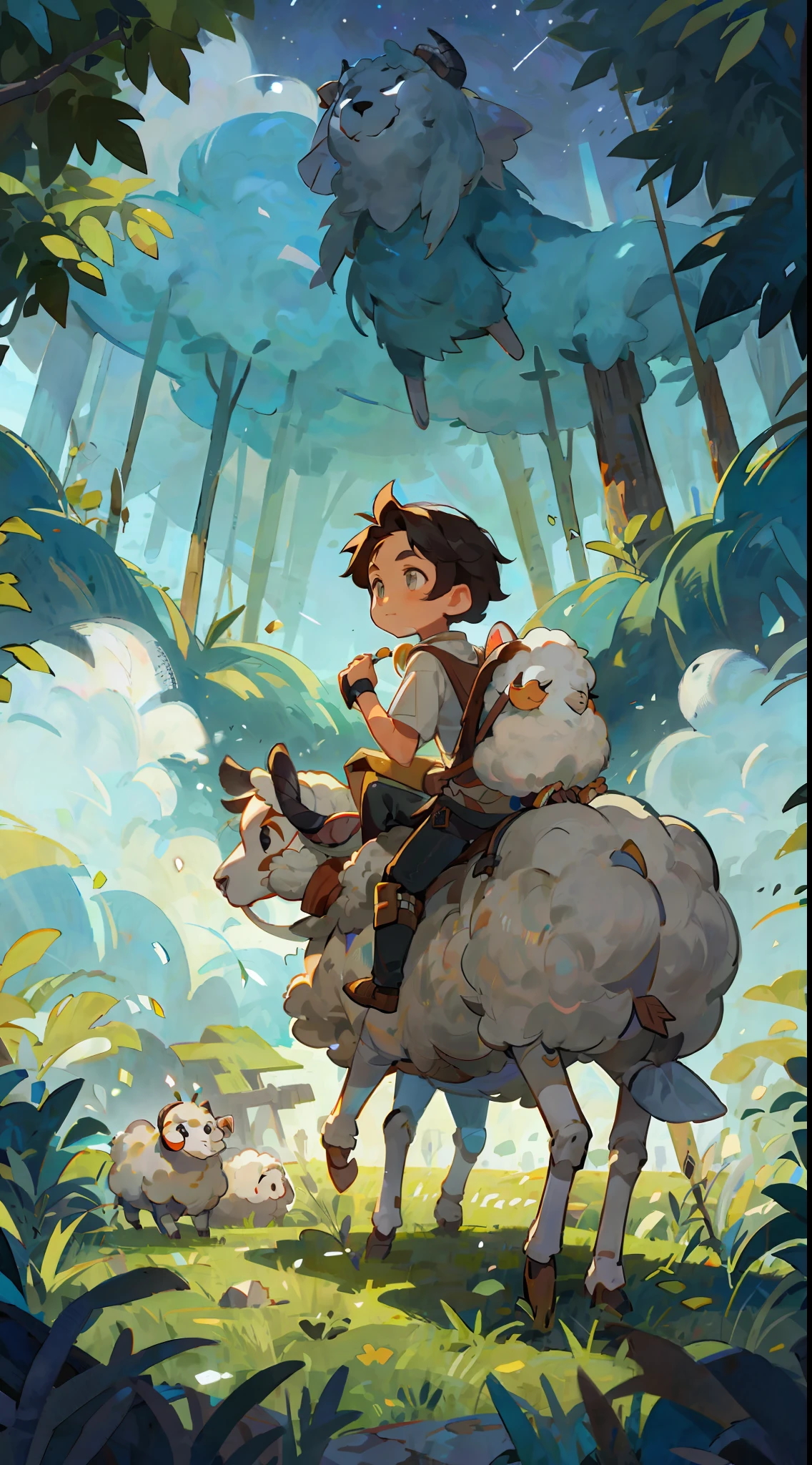 Prairie, a boy riding on the back of a sheep, knight, night, starry