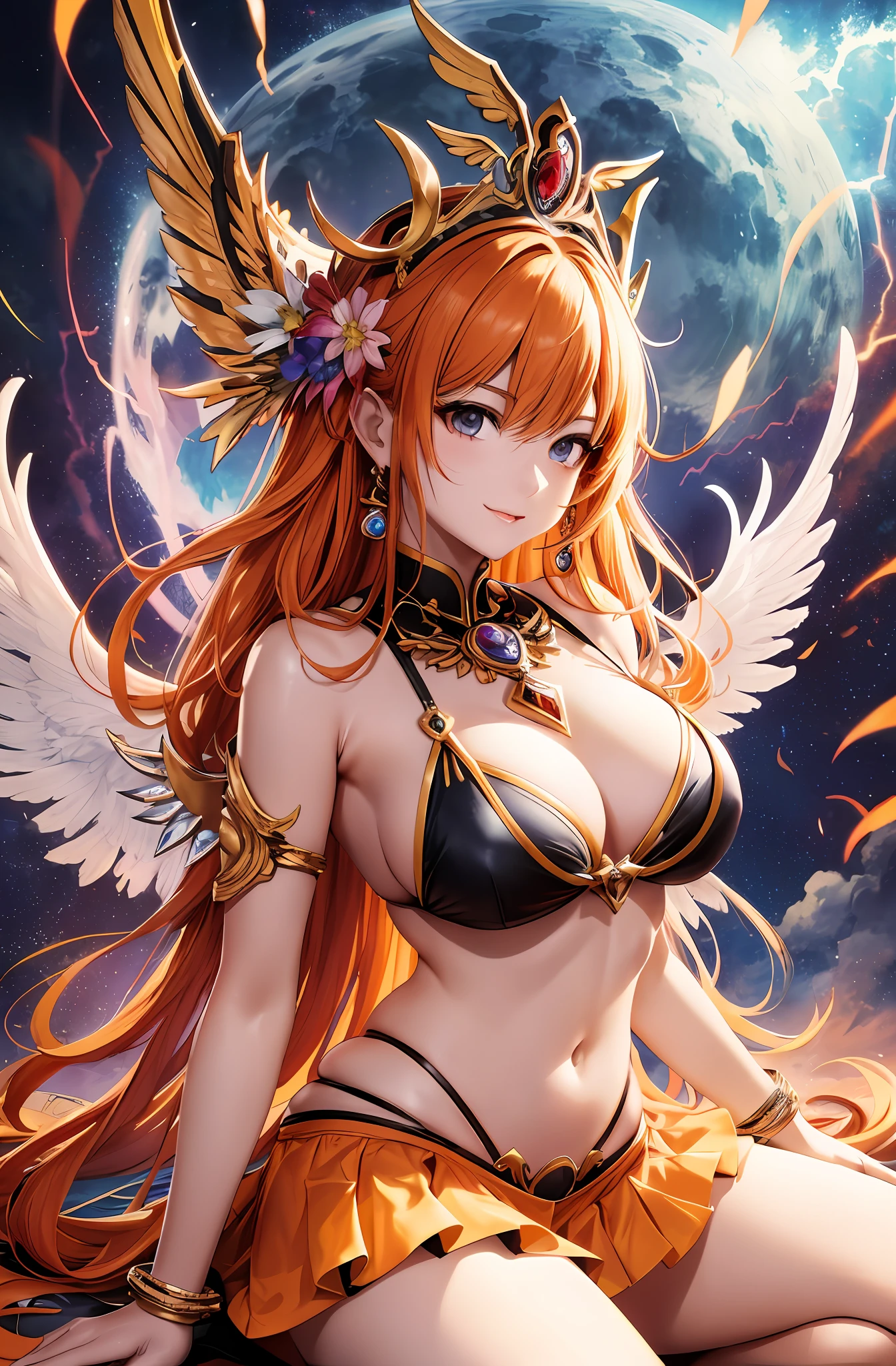 Top quality, ultra high resolution, (photorealistic: 1.4), Japan people, attractive faces. Model face. Thin. Smile, bikini, beautiful details, orange hair. Big tits. Miniskirt. Earring. Detail. Vivid? On the back large wings. Long hair. Tiara. Orange lightning. Thundercloud. Thunder. Temple. God. Get on your knees. Kneeling. robe of feathers