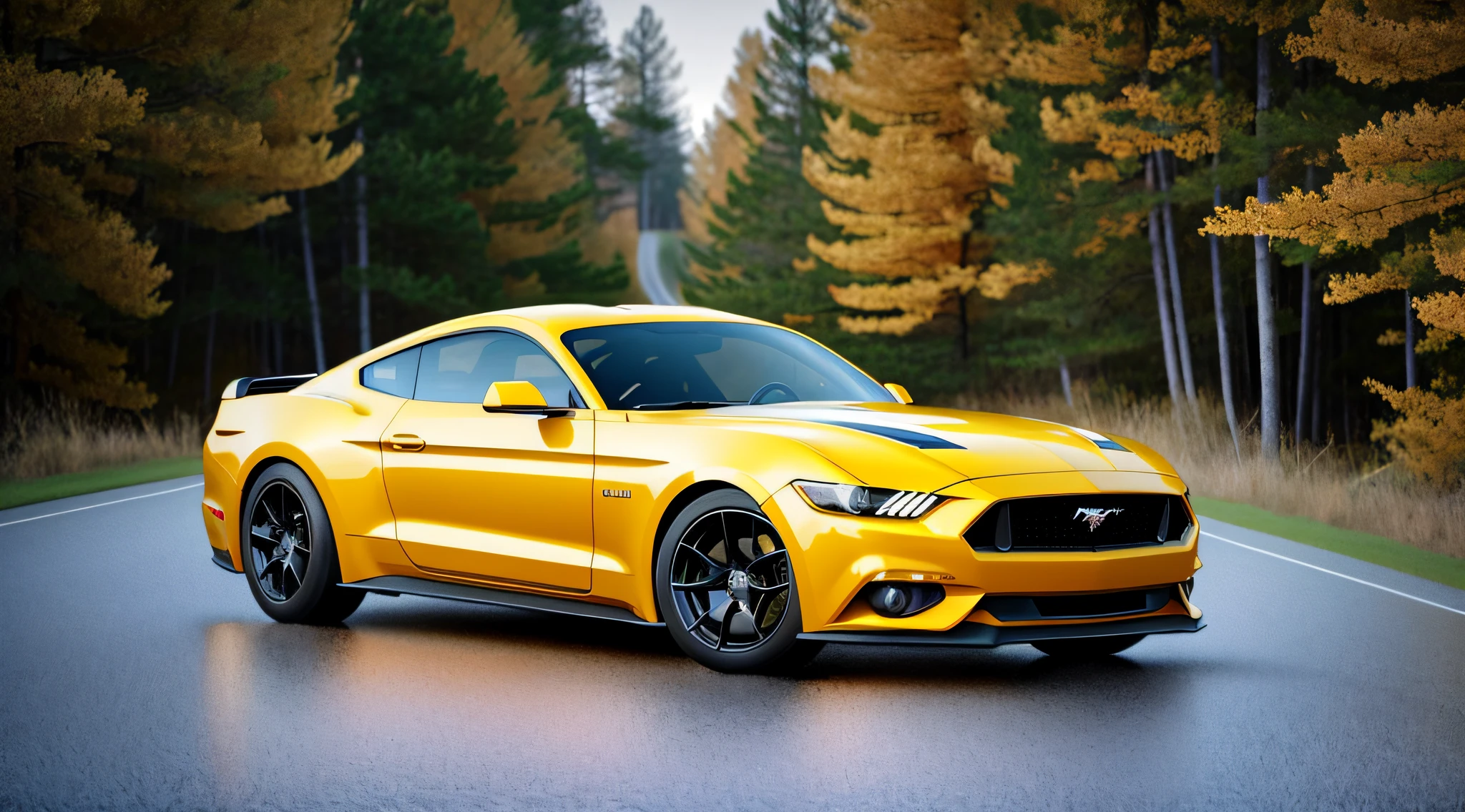 A beautiful blonde woman with long hair, sculptural body, dressed in yellow bikini sitting on top of the sports car model Mustang year 98, in red color, running on a road, with a background of a pine forest, the road wet by rain and the reflection of the vehicle appearing, realistic image, rendered 3D, detailed image, 12k, realistic photo, cinematic, vivid colors, ultra realistic image, detailed image, 12k image, ultra resolution, vivid colors, real image, 3d rendering, ray tracing, cinematic lighting, realism, expressionism, UHD, 8k, 16k, super detail, high detail, high quality