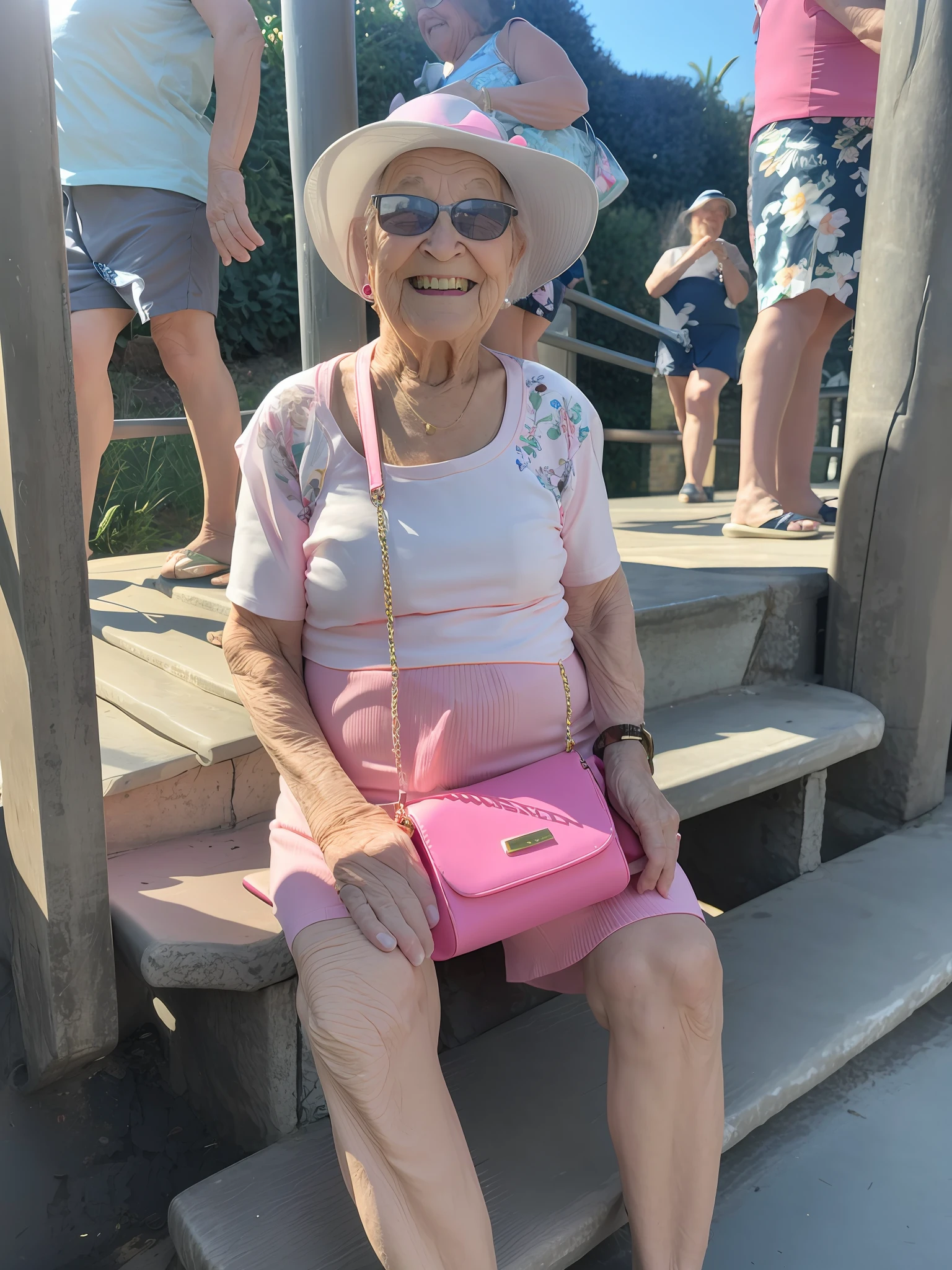 smiling woman sitting on steps with pink purse and hat, having fun, having fun, she is about 7 0 years , photo taken on 2 0 2 3, by Nándor Katona, taken in early 2023, 7 0 years, 70 years, beautiful lady, beautiful lady