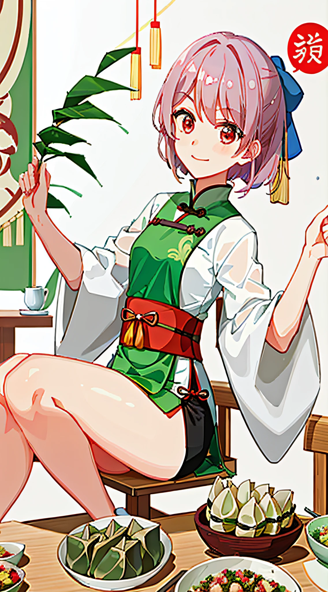 The girl holding the zongzi, at the dining table, happily celebrated the Dragon Boat Festival, showing the zongzi, which was very delicious