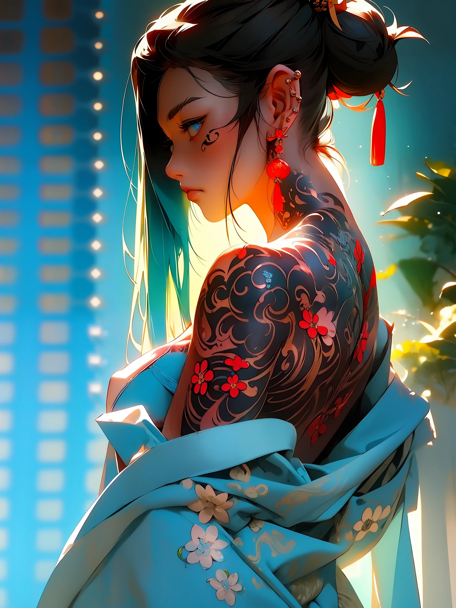 (masterpiece best quality:1.4),1girl, (tattoo of chinese text:1.5), solo, back tattoo, hair flowers, long hair, blue eyes, looking at viewer,tattoo, from behind, black hair, tassel, bare shoulders, hanfu, chinese clothes,back, bangs, upper body, earrings, indoors, nape, off shoulder, jewelry, eyelashes, lips, back focus, profile, hair bun, sliding doors, piercing, single hair bun,