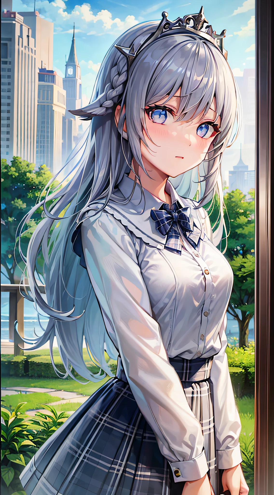 GIRL、(MASTERPIECE:1.1)、(maximum quality:1.1)、(White blouse:1.1)、(plaid skirts:1.1)、Student uniforms、high waist skirt、break[green grass:Pink,:0.5]theme、(Urban background:1.1)、Denim Lenses、Break Silver、Long、Green Eye、Delicate tiara、Landscape、