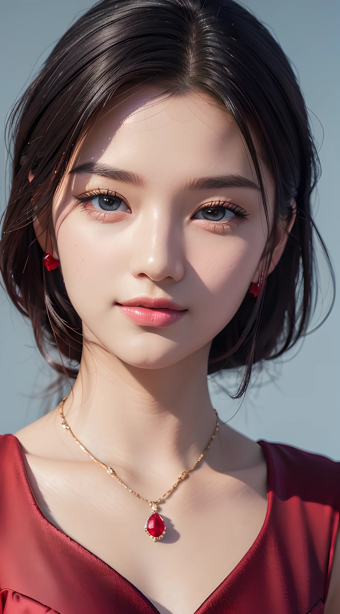 (close up:1.6), masterpiece, best quality, 8k, absurdres, beautiful girl, pretty face, looking at viewer, smile, (dark red dress:1.7), ruby earrings, ruby necklace, teen, cute, (smokey red eye shadow with glitter, glazed pinkish red lips:0.8), ultra realistic, highres, photography, film grain, chromatic aberration, sharp focus, HDR, facelight, dynamic lighting, cinematic lighting, professional shadow, simple background, (dull blue background:1.3), highest detailed, extreme detailed, ultra detailed, finely detail, real skin, delicate facial features, detailed face and eyes, sharp pupils, realistic pupils