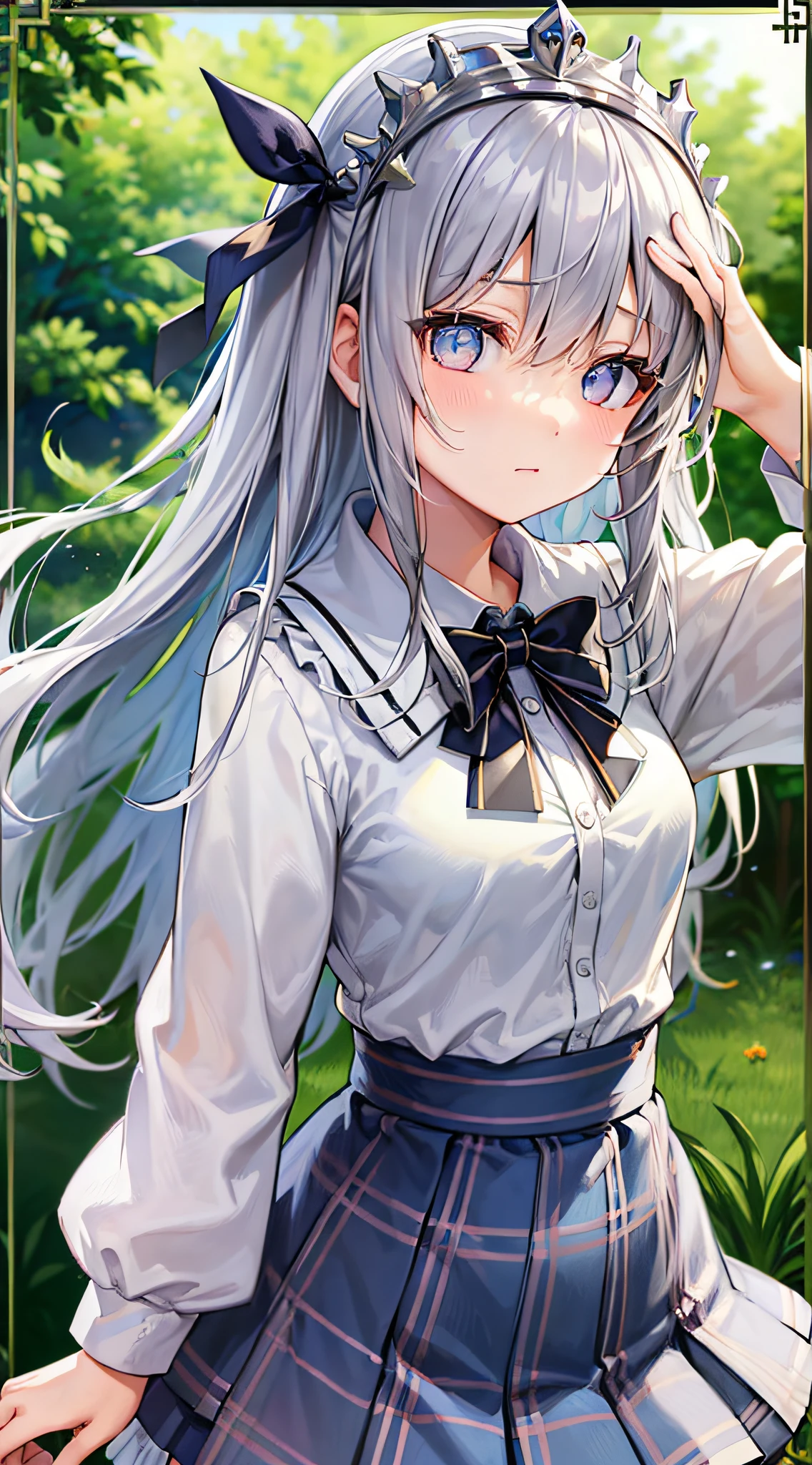 GIRL、(MASTERPIECE:1.1)、(maximum quality:1.1)、(White blouse:1.1)、(plaid skirts:1.1)、Student uniforms、high waist skirt、break[green grass:Pink,:0.5]theme、(Urban background:1.1)、Denim Lenses、Break Silver、Long、Green Eye、Delicate tiara、Landscape、