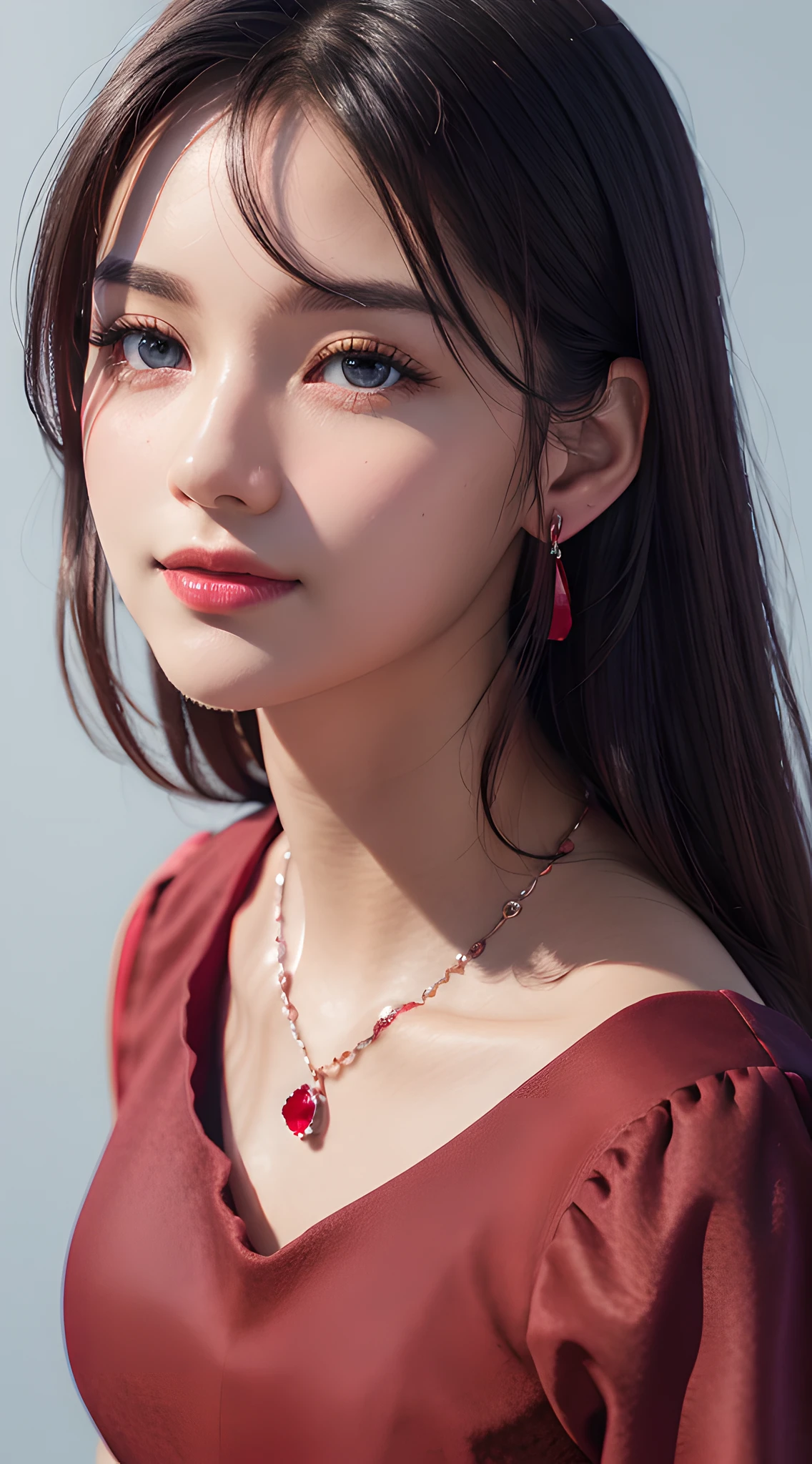 (close up:1.6), masterpiece, best quality, 8k, absurdres, beautiful girl, pretty face, looking at viewer, smile, (dark red dress:1.7), ruby earrings, ruby necklace, teen, cute, (smokey red eye shadow with glitter, glazed pinkish red lips:0.8), ultra realistic, highres, photography, film grain, chromatic aberration, sharp focus, HDR, facelight, dynamic lighting, cinematic lighting, professional shadow, simple background, (dull blue background:1.3), highest detailed, extreme detailed, ultra detailed, finely detail, real skin, delicate facial features, detailed face and eyes, sharp pupils, realistic pupils